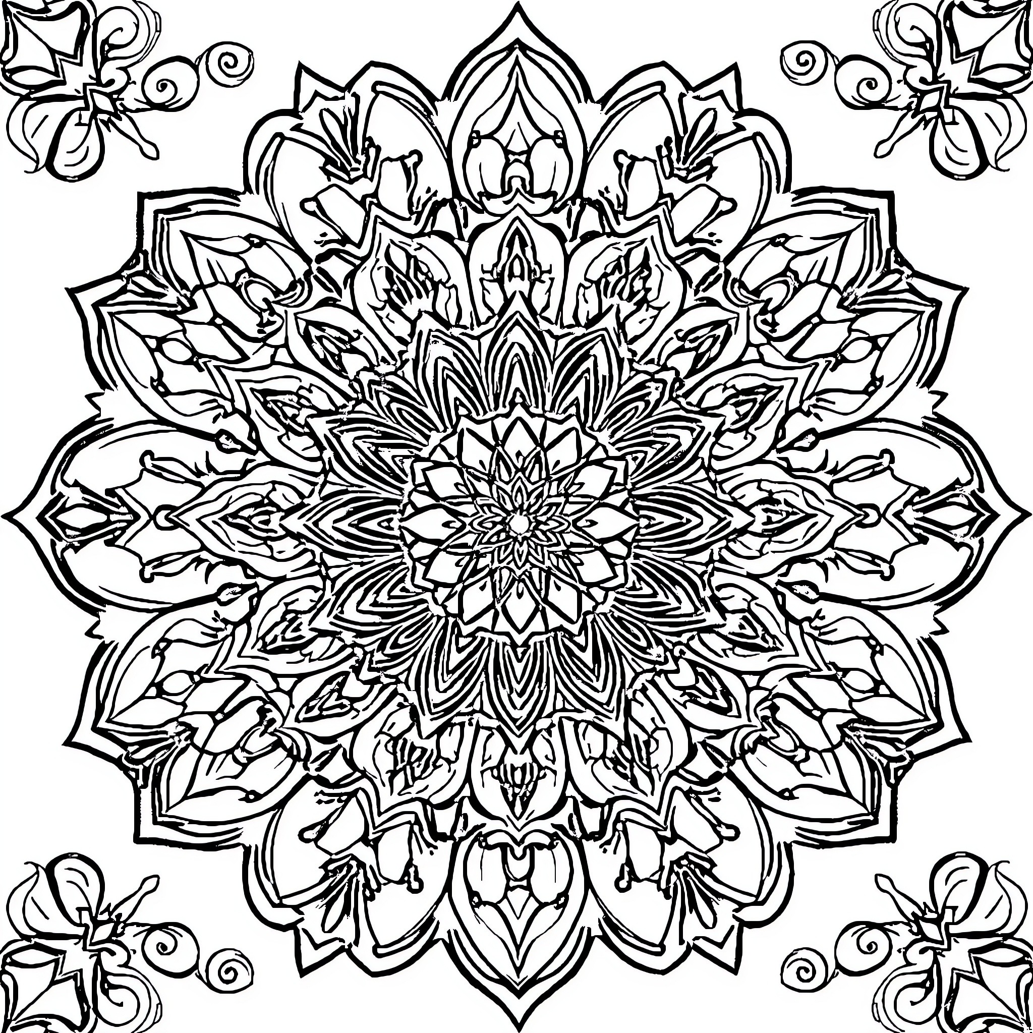 Mandalas with intricate floral patterns Coloring Page (free black-and-white line drawing printable PDF for all, from beginners to advanced learners, including children, teens, adults, and seniors)