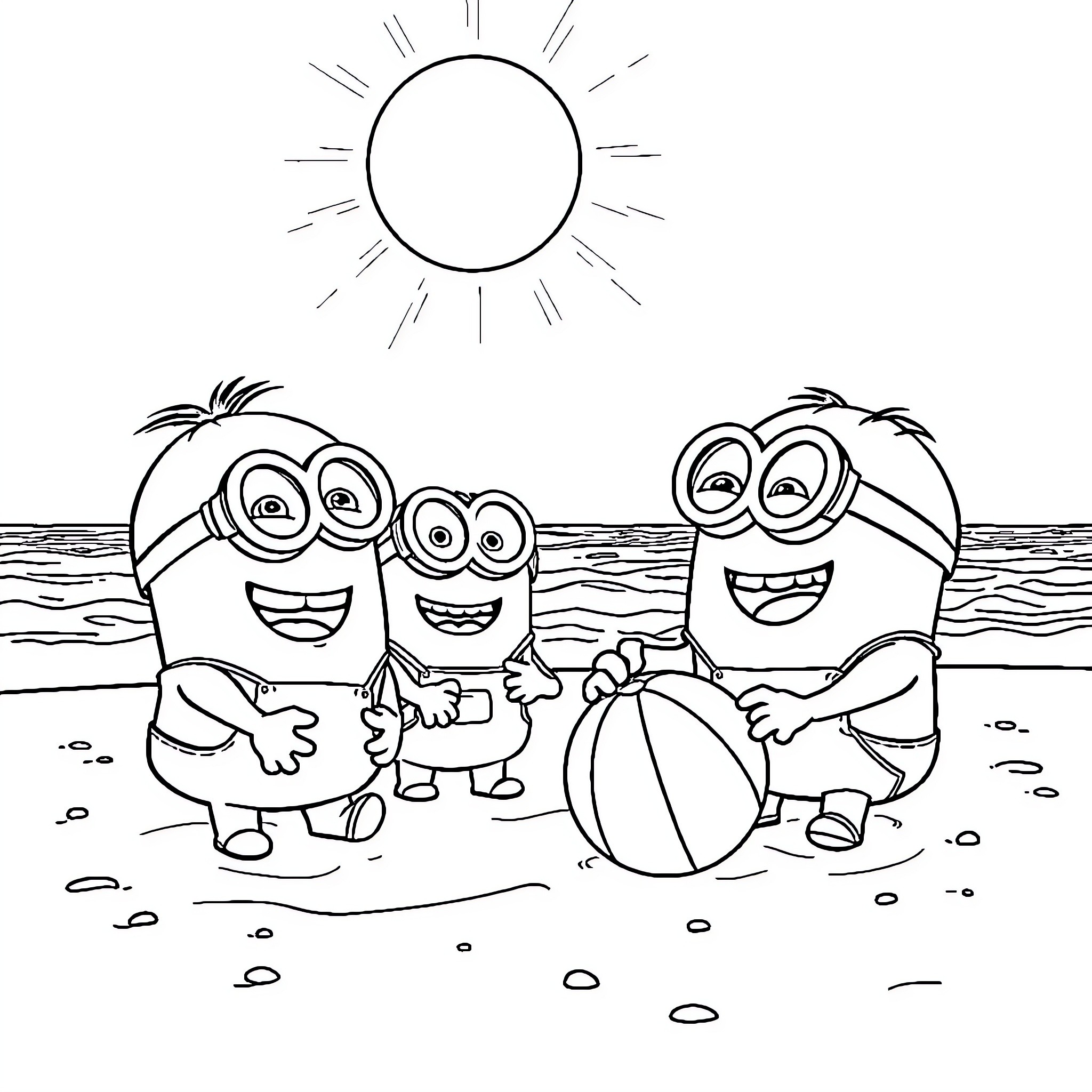 Minions enjoying a sunny day at the beach Coloring Page (free black-and-white line drawing printable PDF for all, from beginners to advanced learners, including children, teens, adults, and seniors)