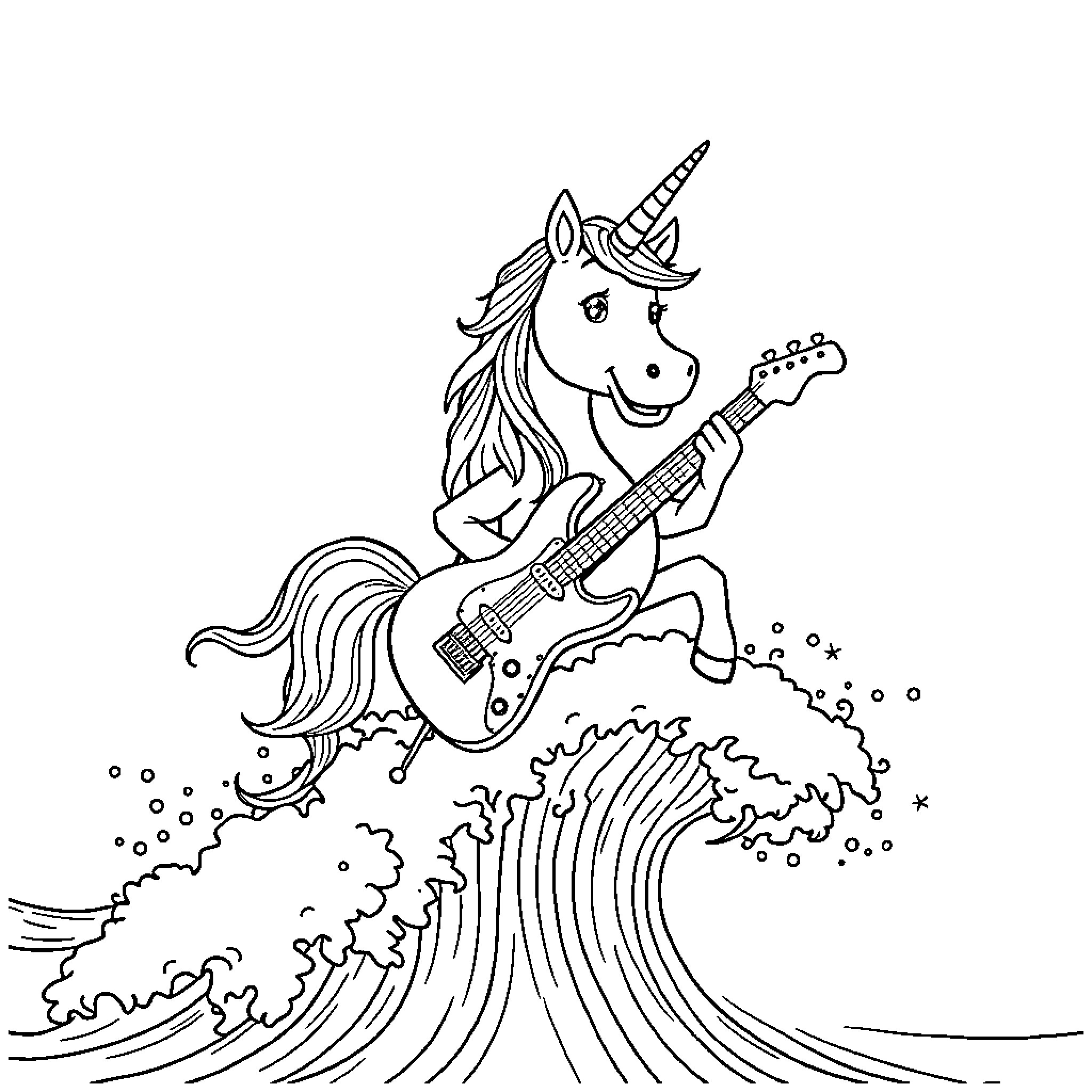 Unicorn playing guitar and surfing on a wave Coloring Page (free black-and-white line drawing printable PDF for all, from beginners to advanced learners, including children, teens, adults, and seniors)
