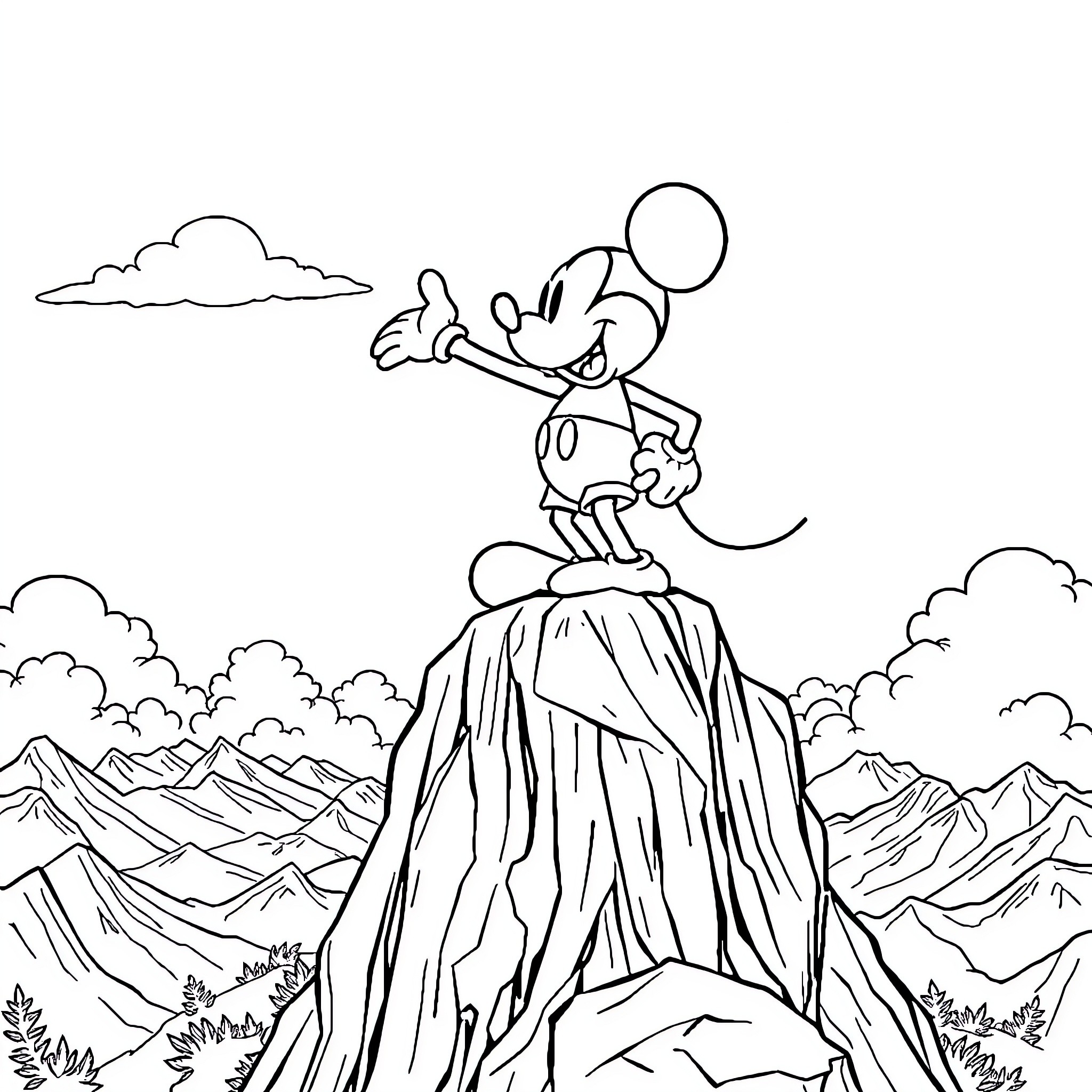 Mickey Mouse exploring the mountain landscape Coloring Page (free black-and-white line drawing printable PDF for all, from beginners to advanced learners, including children, teens, adults, and seniors)