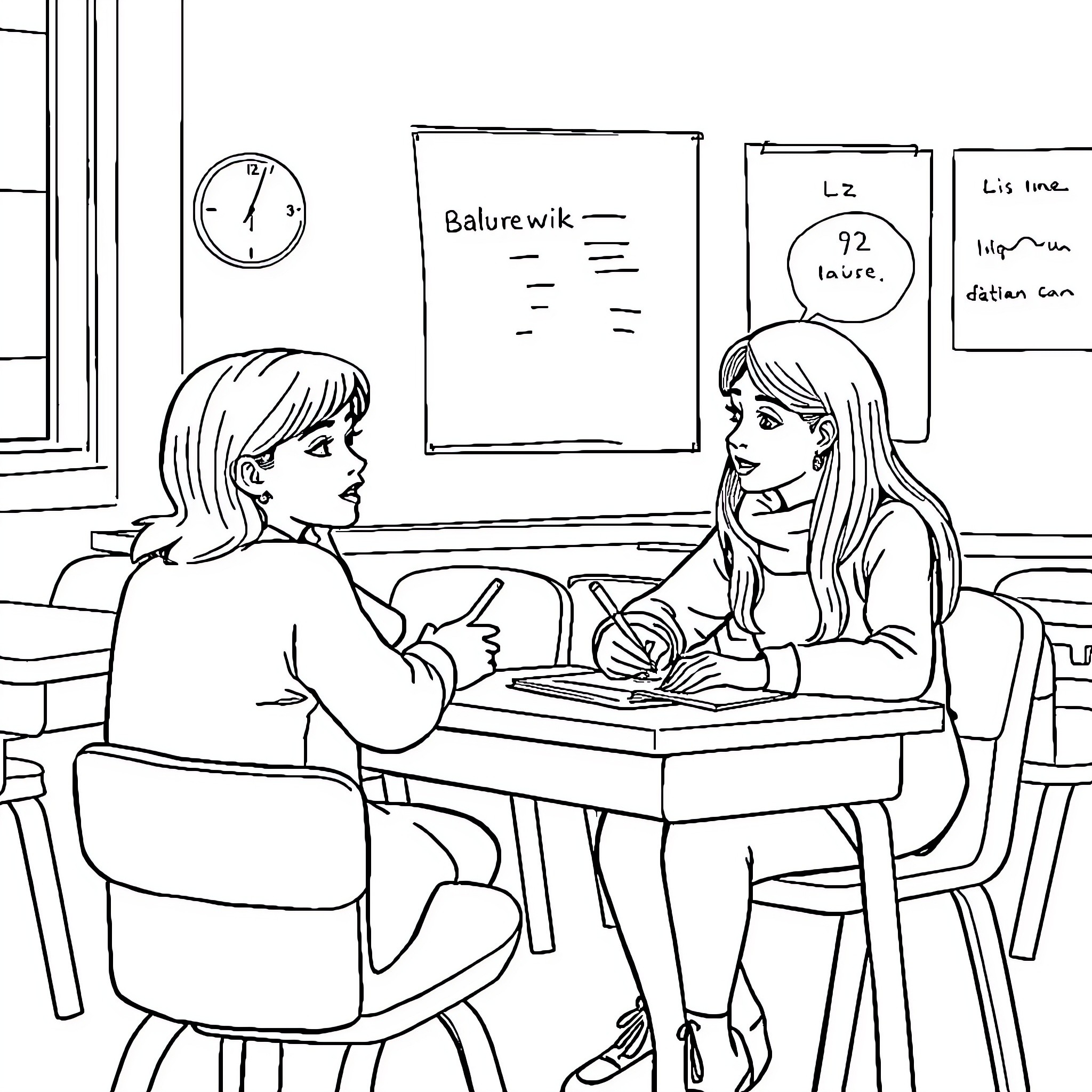 Sisters discussing schoolwork in the classroom Coloring Page (free black-and-white line drawing printable PDF for all, from beginners to advanced learners, including children, teens, adults, and seniors)