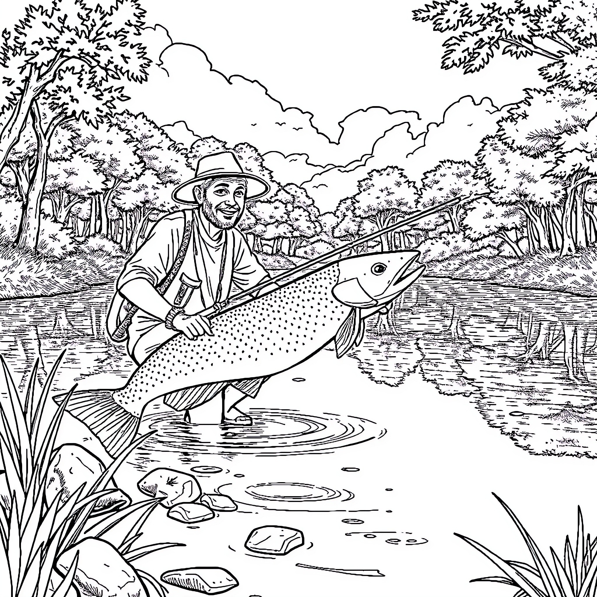 Hombre Araña fishing enthusiastically in a serene forest stream Coloring Page (free black-and-white line drawing printable PDF for all, from beginners to advanced learners, including children, teens, adults, and seniors)