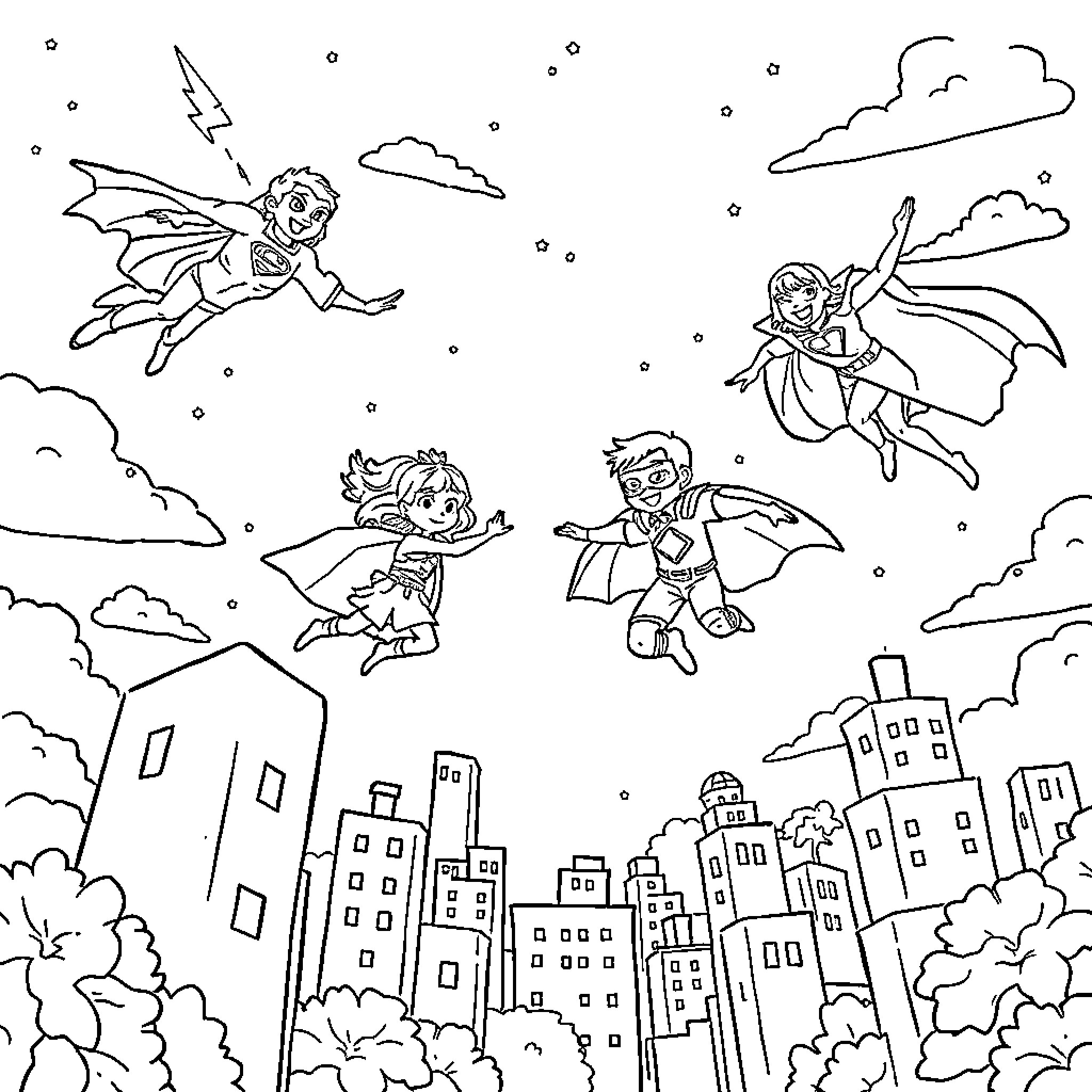 School Bus Kids Flying Superheroes Over City Coloring Page (free black-and-white line drawing printable PDF for all, from beginners to advanced learners, including children, teens, adults, and seniors)