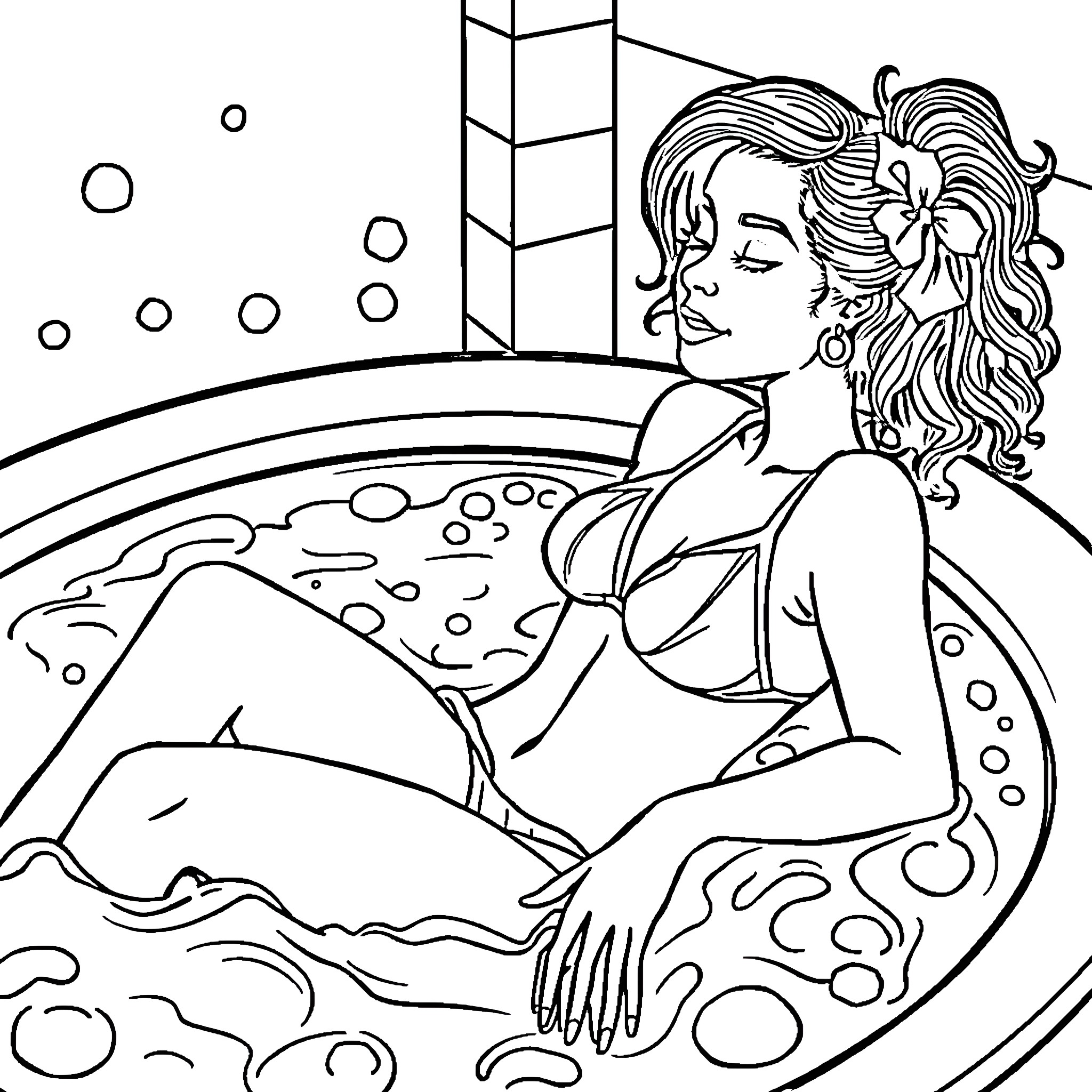 Bikini Girl Relaxing in Bubble Bath Coloring Page (free black-and-white line drawing printable PDF for all, from beginners to advanced learners, including children, teens, adults, and seniors)