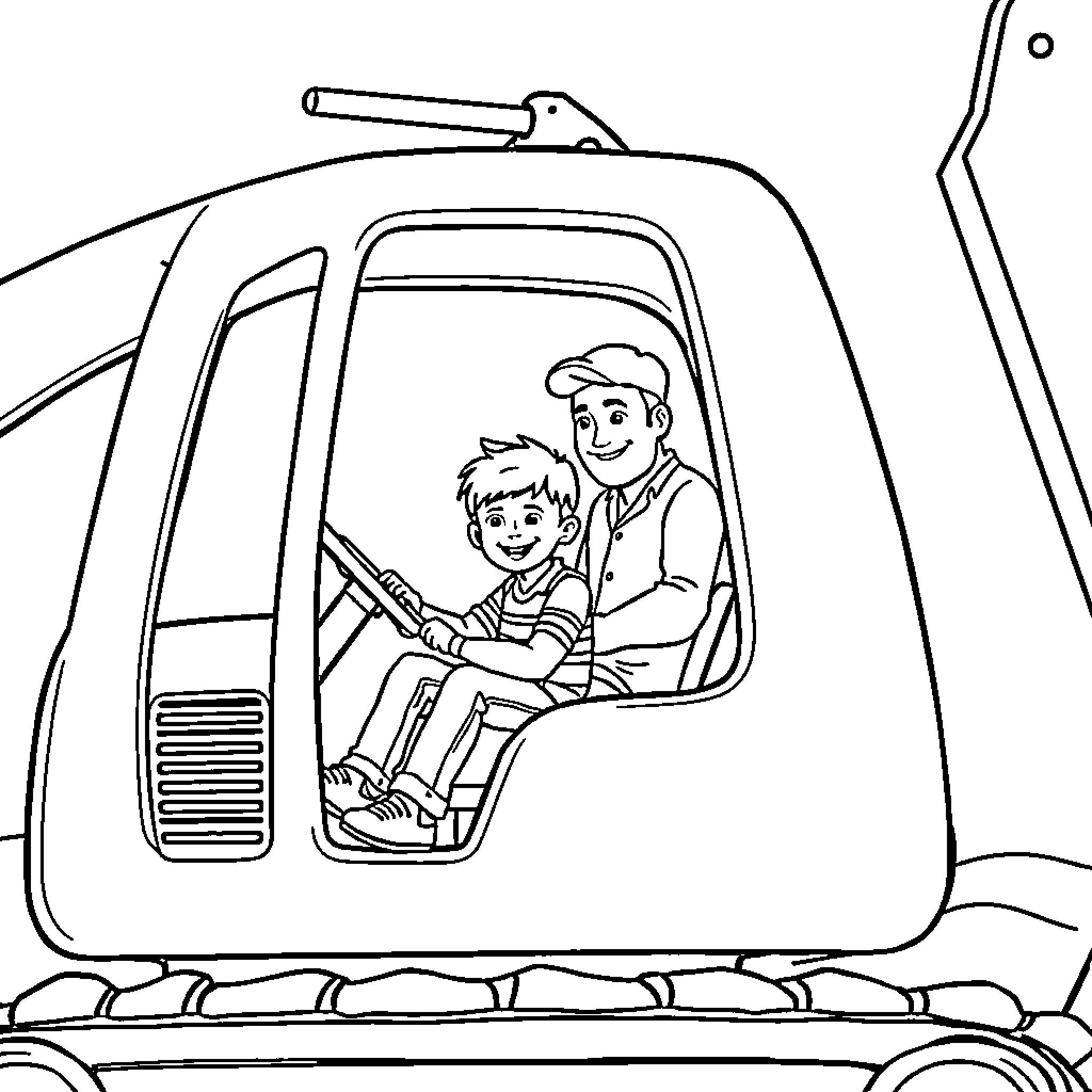 Boy riding helicopter with adult companion Coloring Page (free black-and-white line drawing printable PDF for all, from beginners to advanced learners, including children, teens, adults, and seniors)