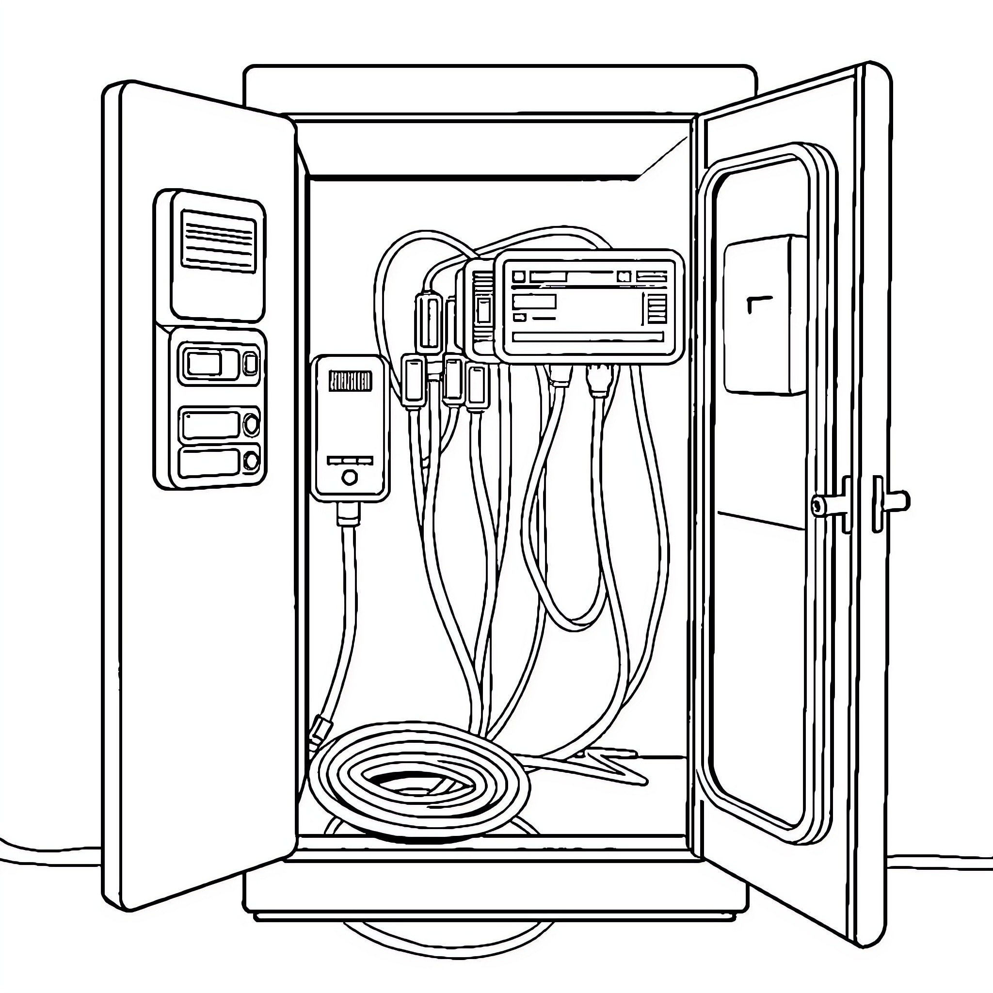 Electrical Cabinet with Various Equipment and Cables Coloring Page (free black-and-white line drawing printable PDF for all, from beginners to advanced learners, including children, teens, adults, and seniors)