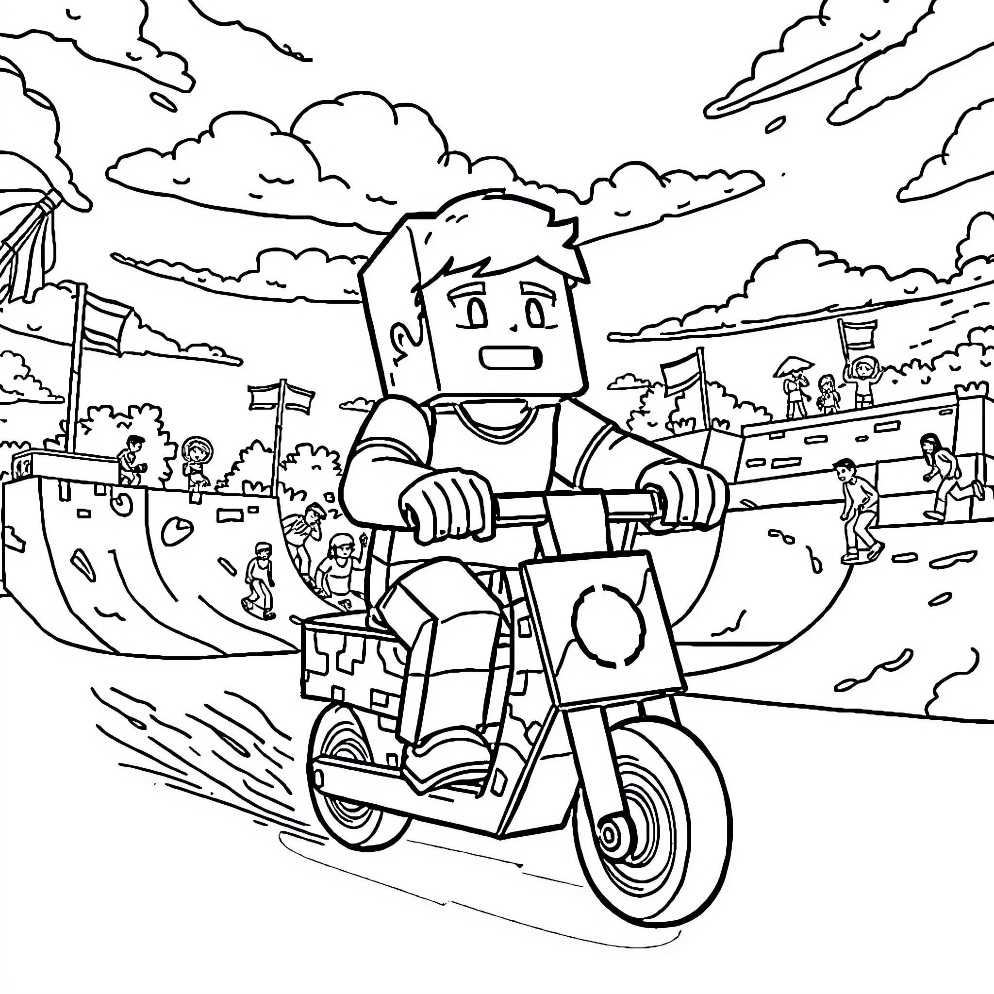 Minecraft Steve riding a scooter in an outdoor setting Coloring Page (free black-and-white line drawing printable PDF for all, from beginners to advanced learners, including children, teens, adults, and seniors)