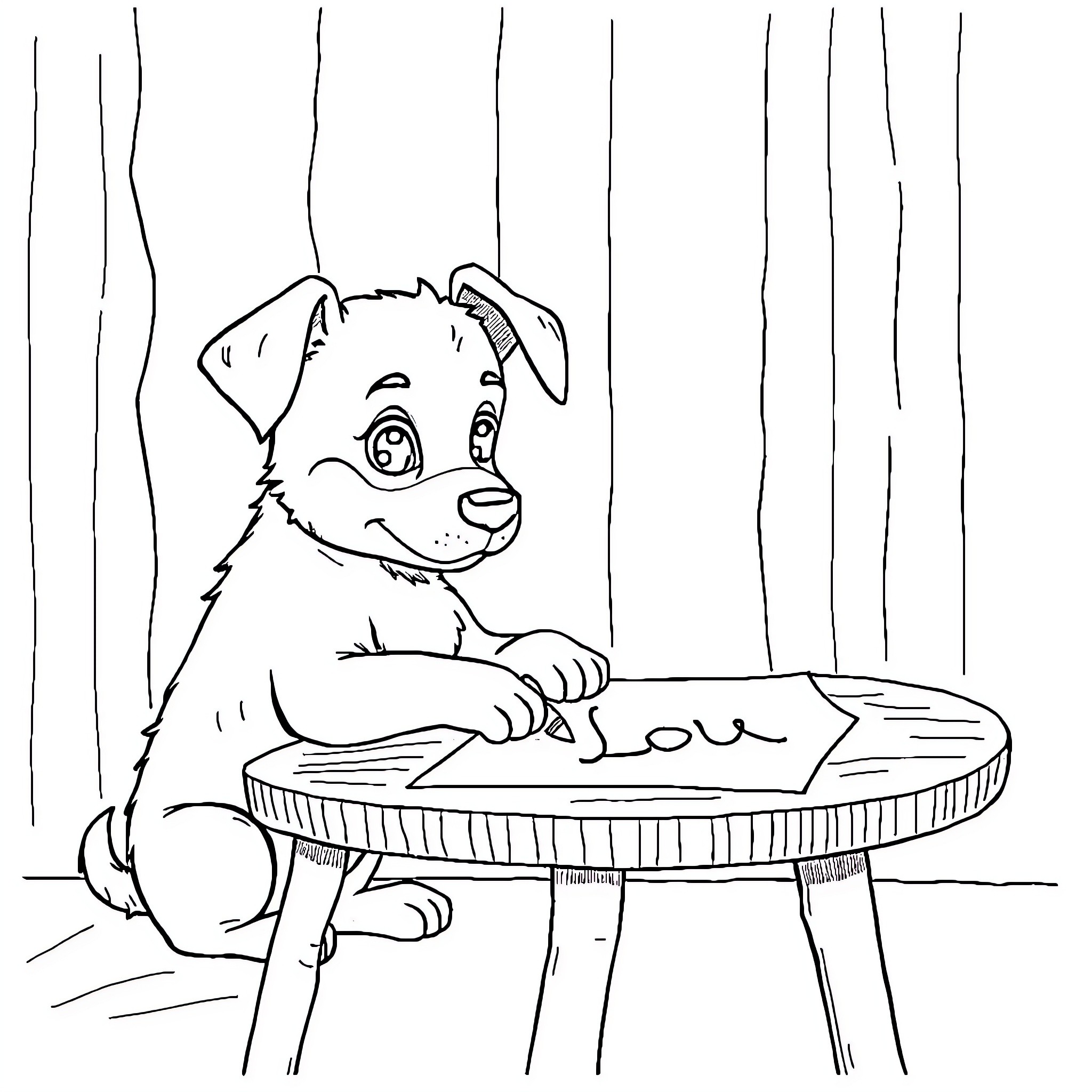 Bluey drawing happily with a pen on a table Coloring Page (free black-and-white line drawing printable PDF for all, from beginners to advanced learners, including children, teens, adults, and seniors)