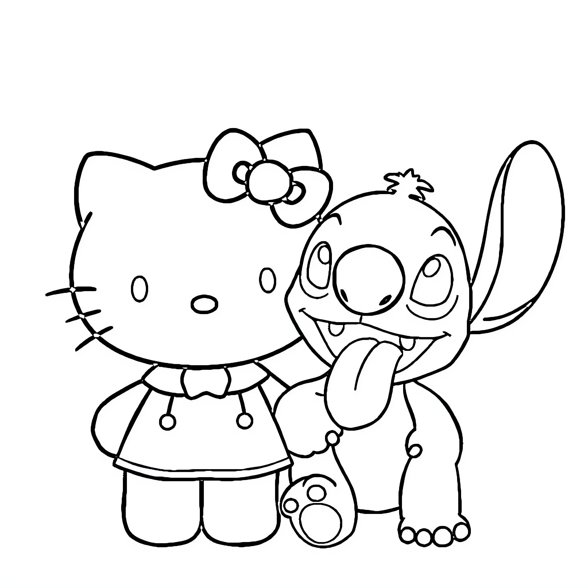 Hello Kitty Meets Stitch in Friendly Embrace Coloring Page (free black-and-white line drawing printable PDF for all, from beginners to advanced learners, including children, teens, adults, and seniors)