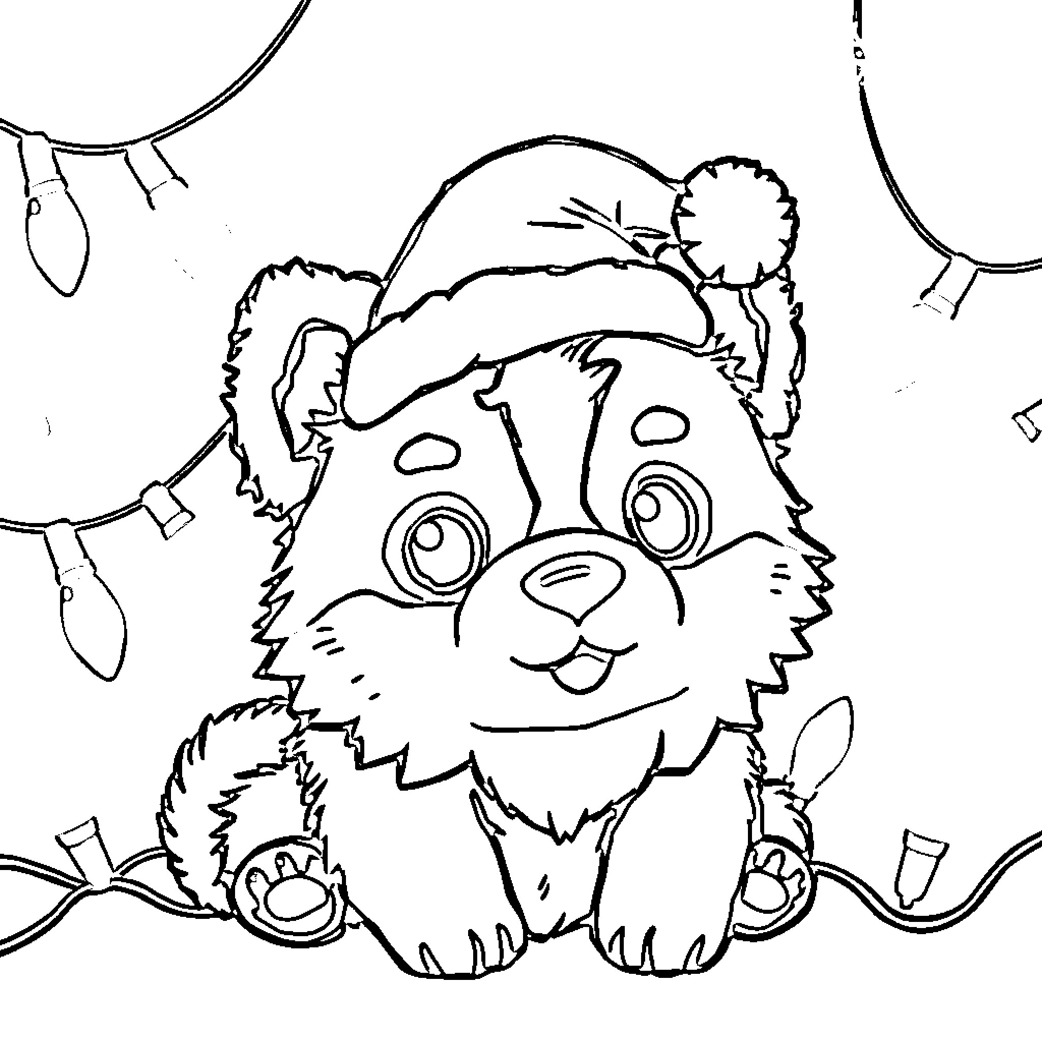 Rockruff playing with holiday ornaments Coloring Page (free black-and-white line drawing printable PDF for all, from beginners to advanced learners, including children, teens, adults, and seniors)