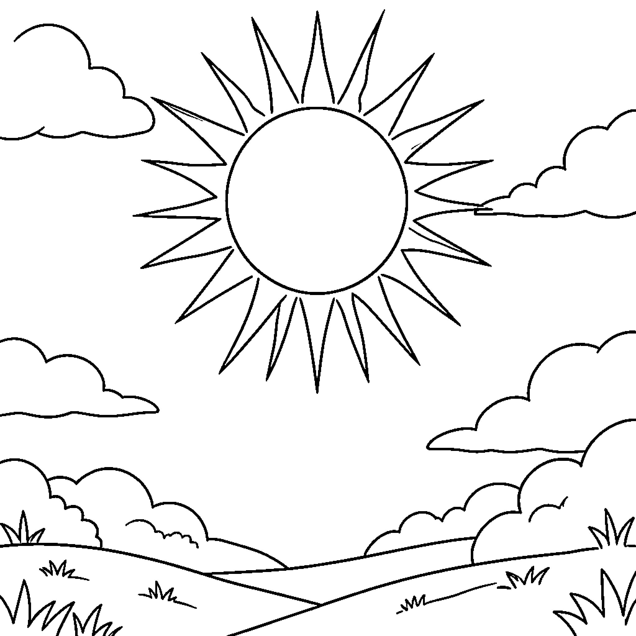 Sun shining brightly over a landscape of clouds and hills Coloring Page (free black-and-white line drawing printable PDF for all, from beginners to advanced learners, including children, teens, adults, and seniors)