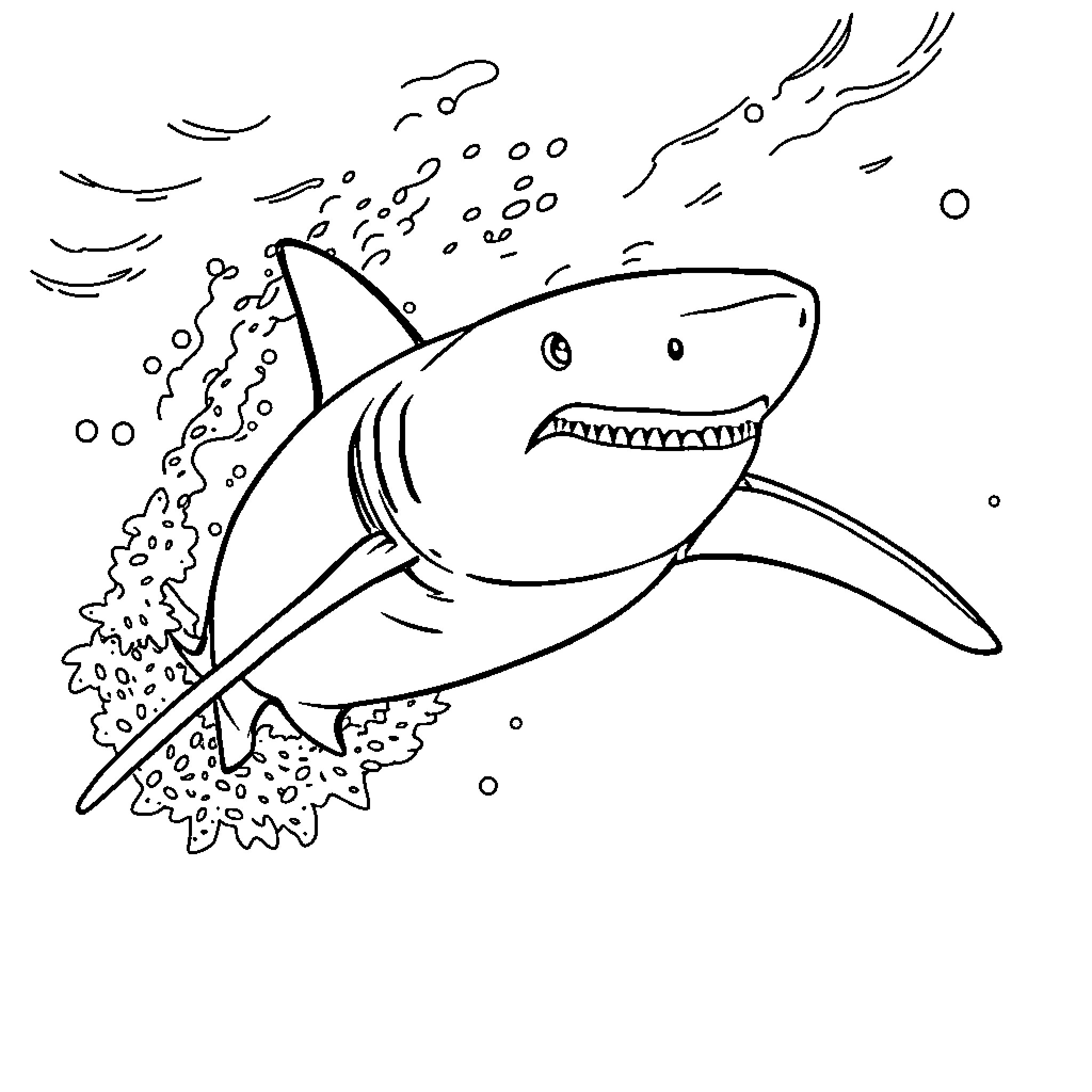 Shark swimming energetically in the ocean Coloring Page (free black-and-white line drawing printable PDF for all, from beginners to advanced learners, including children, teens, adults, and seniors)