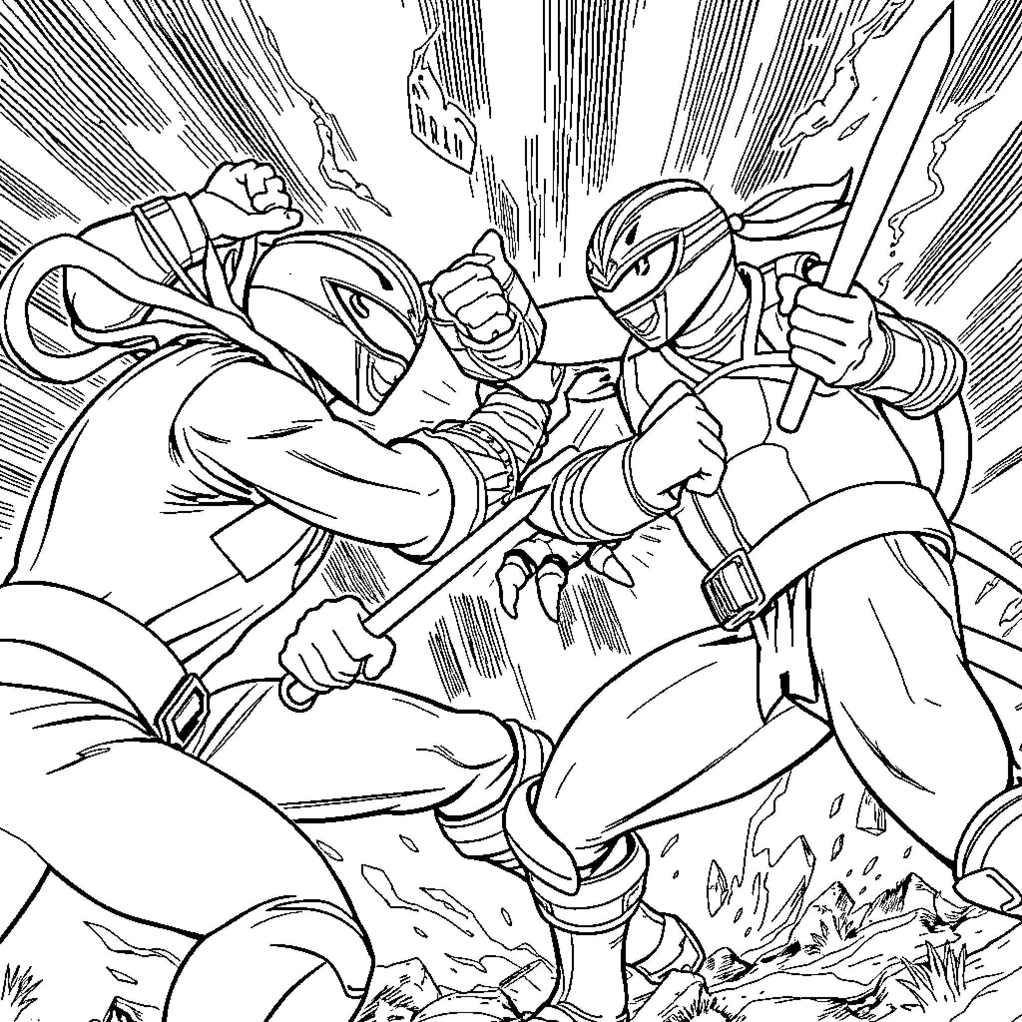 Power Rangers Locked in Intense Combat Coloring Page (free black-and-white line drawing printable PDF for all, from beginners to advanced learners, including children, teens, adults, and seniors)