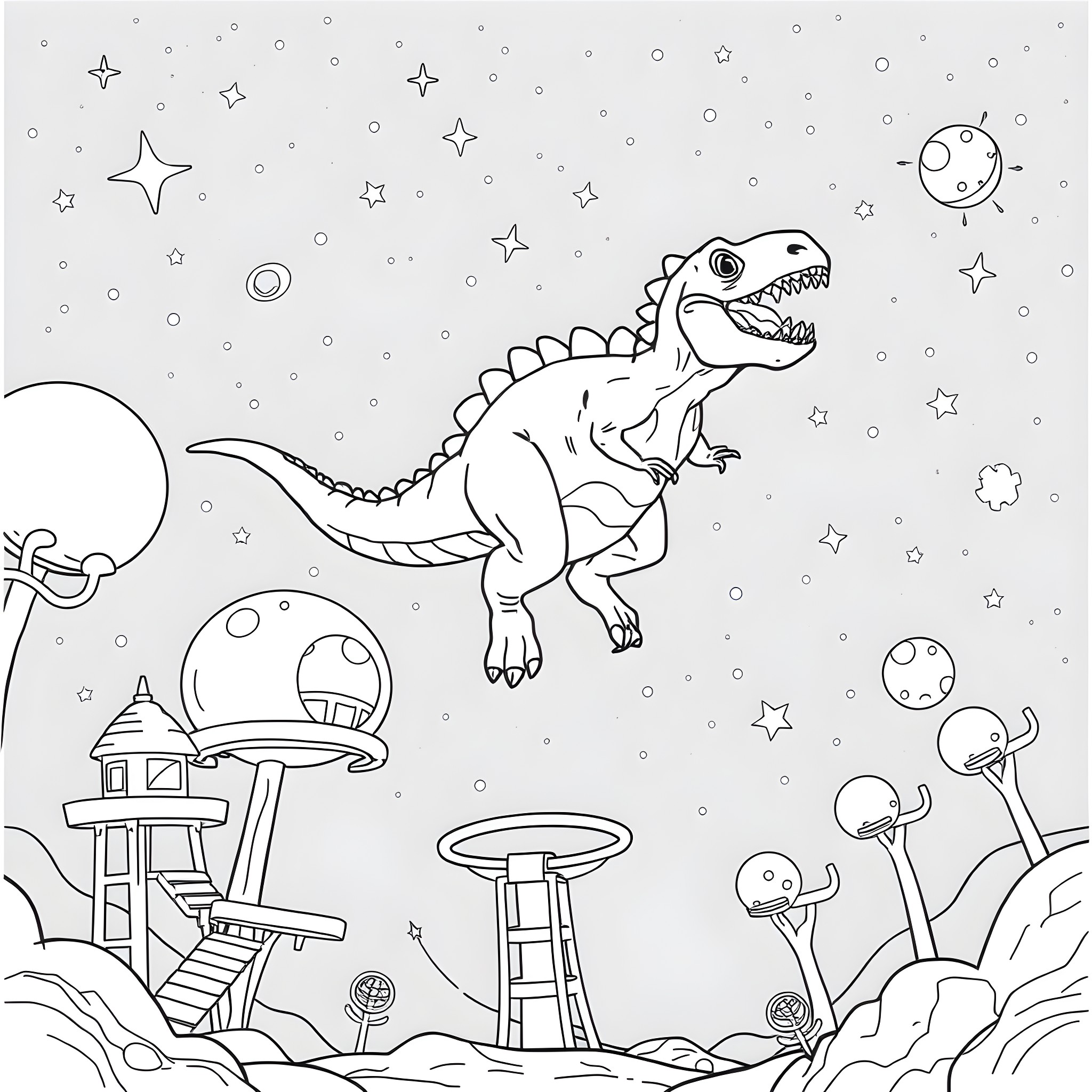 Dinosaur explores futuristic alien landscape Coloring Page (free black-and-white line drawing printable PDF for all, from beginners to advanced learners, including children, teens, adults, and seniors)