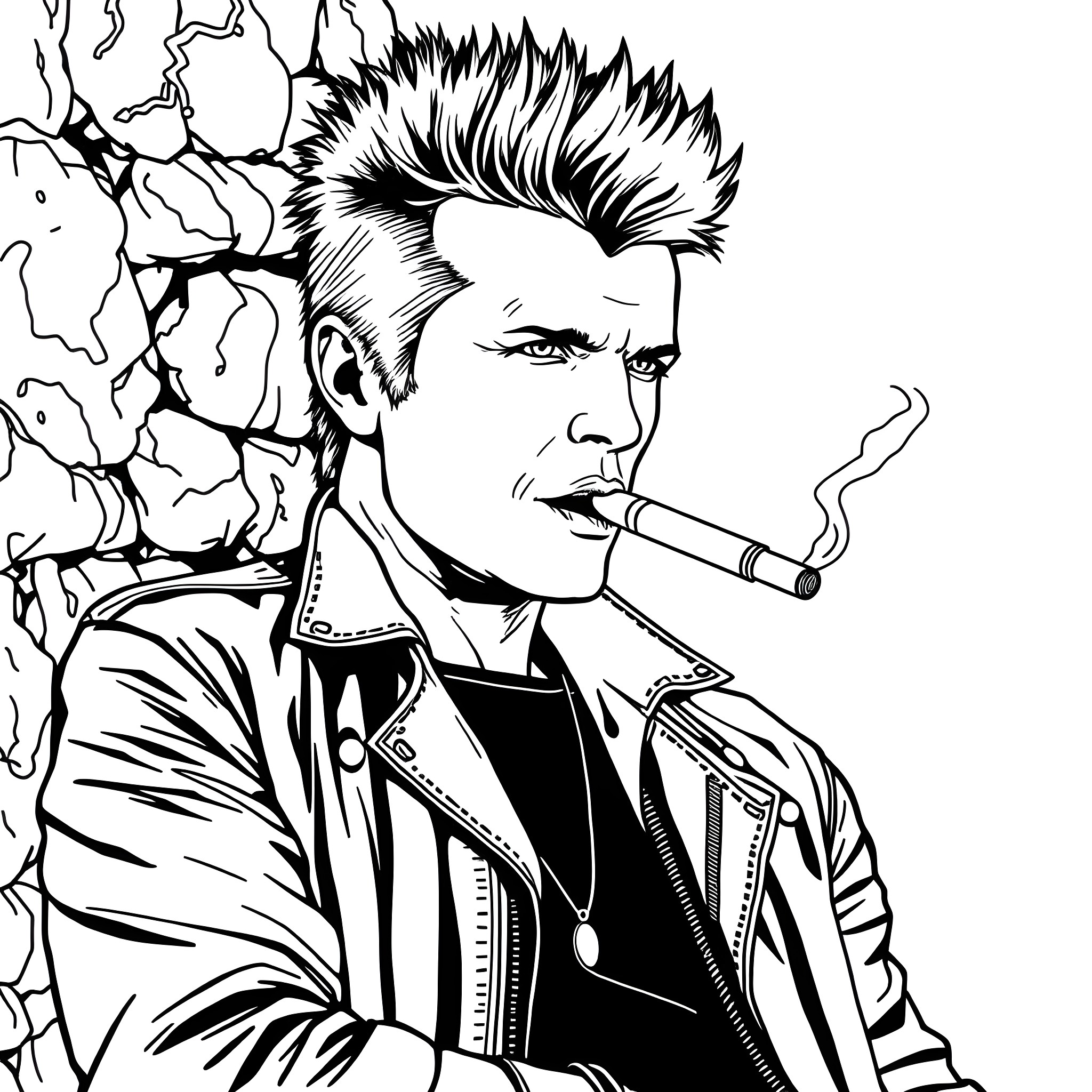 Billy Idol striking a rebellious pose with a cigarette Coloring Page (free black-and-white line drawing printable PDF for all, from beginners to advanced learners, including children, teens, adults, and seniors)