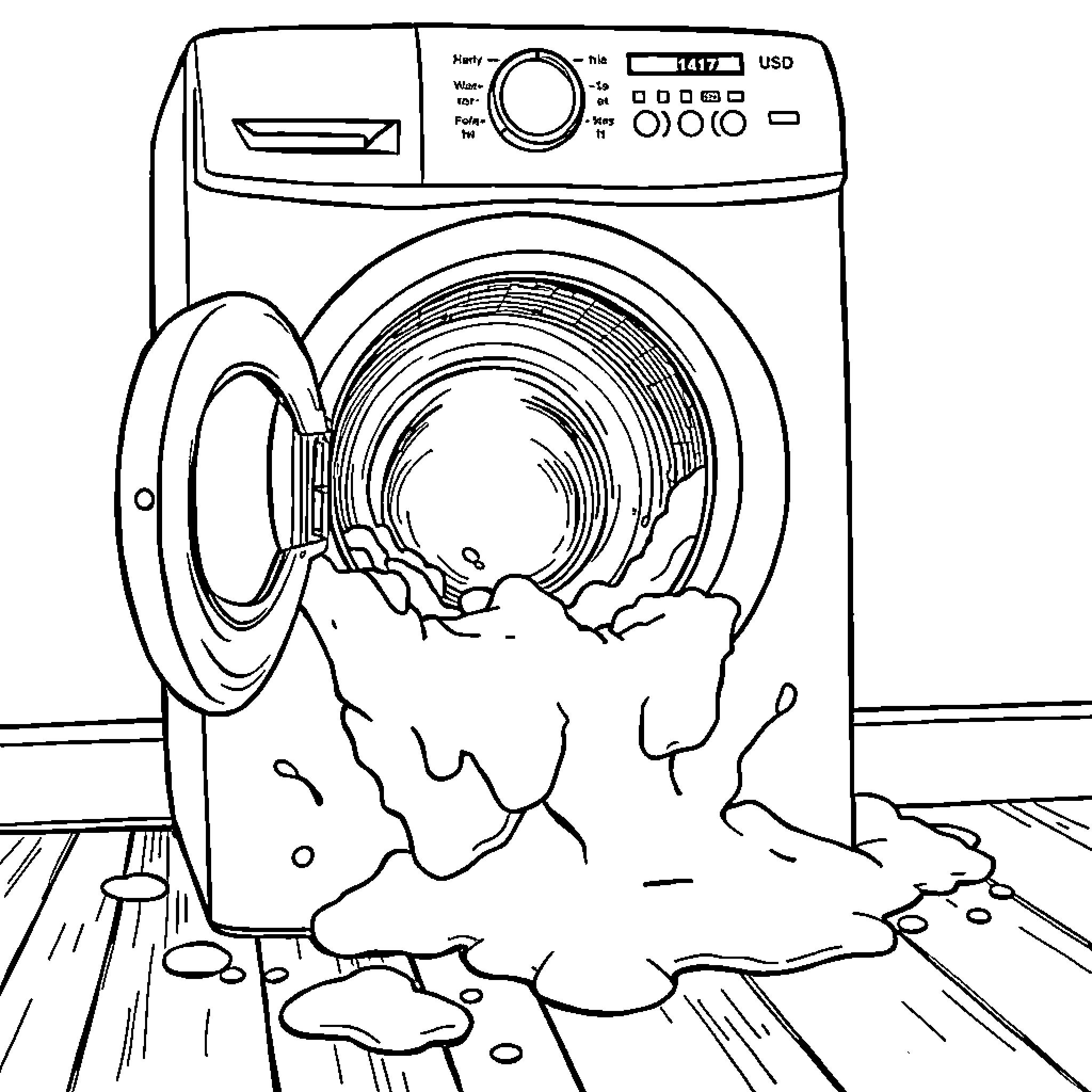 Washing Machine with Soapy Clothes Coloring Page (free black-and-white line drawing printable PDF for all, from beginners to advanced learners, including children, teens, adults, and seniors)