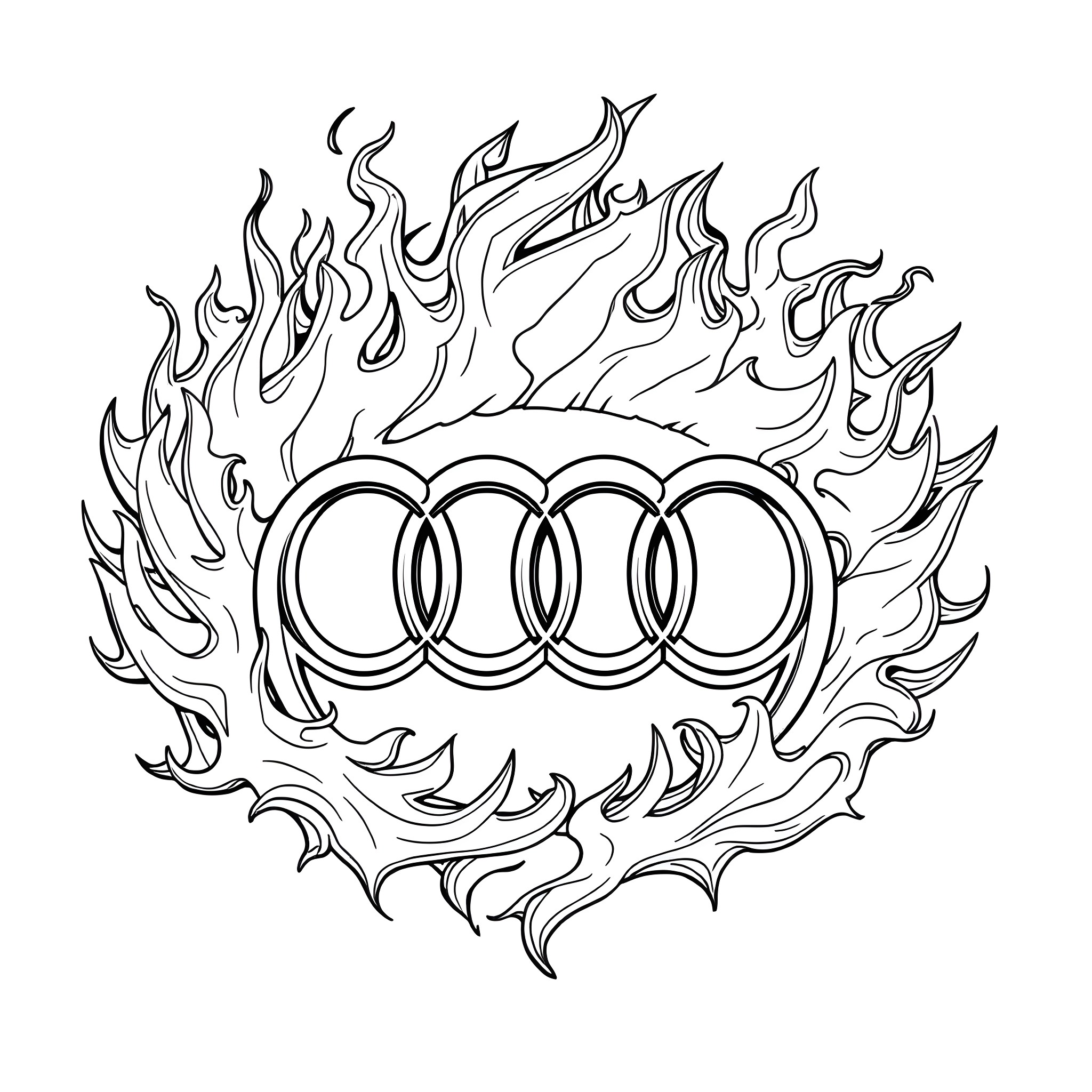 Audi logo engulfed in abstract flames Coloring Page (free black-and-white line drawing printable PDF for all, from beginners to advanced learners, including children, teens, adults, and seniors)
