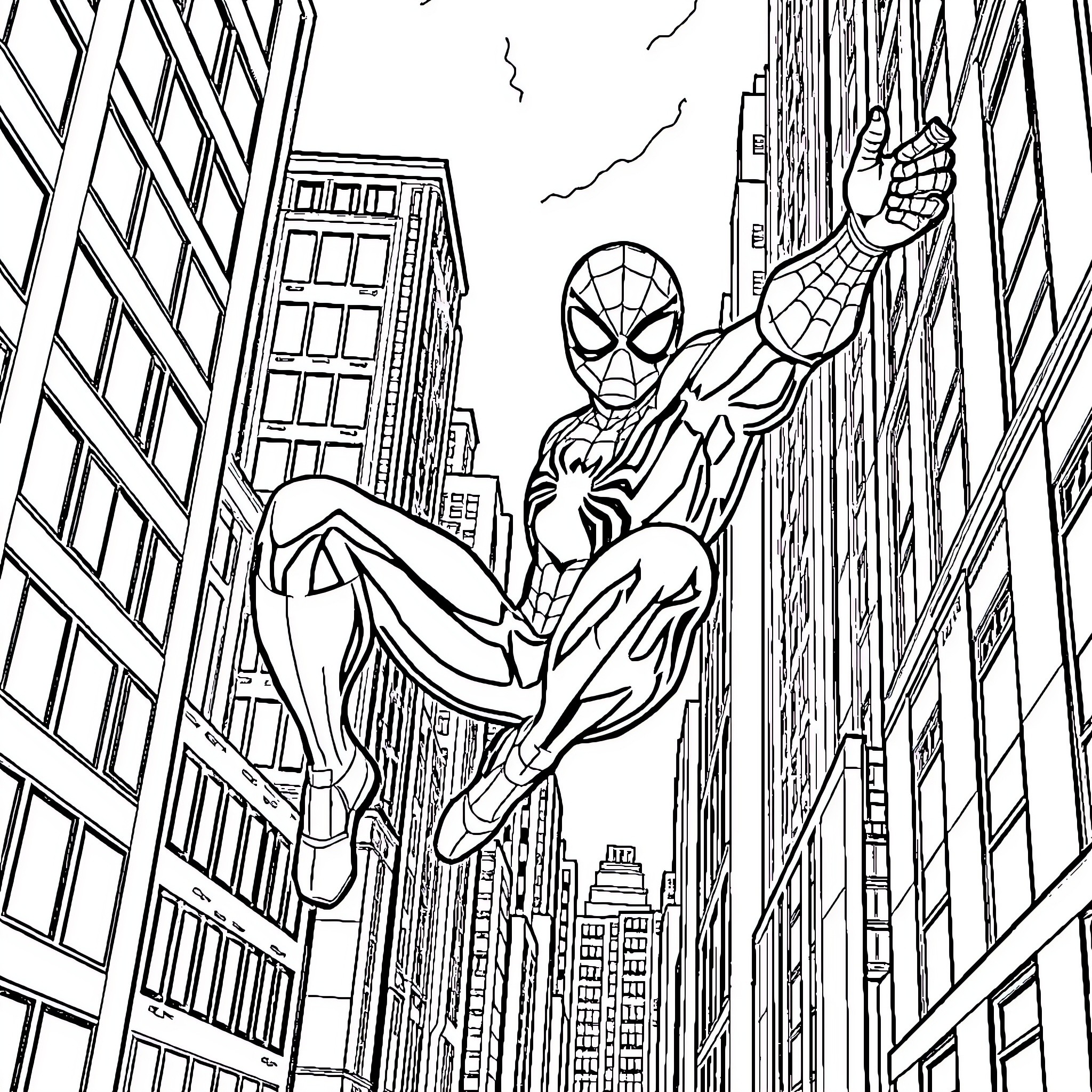 Spider-Man swinging through the city streets Coloring Page (free black-and-white line drawing printable PDF for all, from beginners to advanced learners, including children, teens, adults, and seniors)