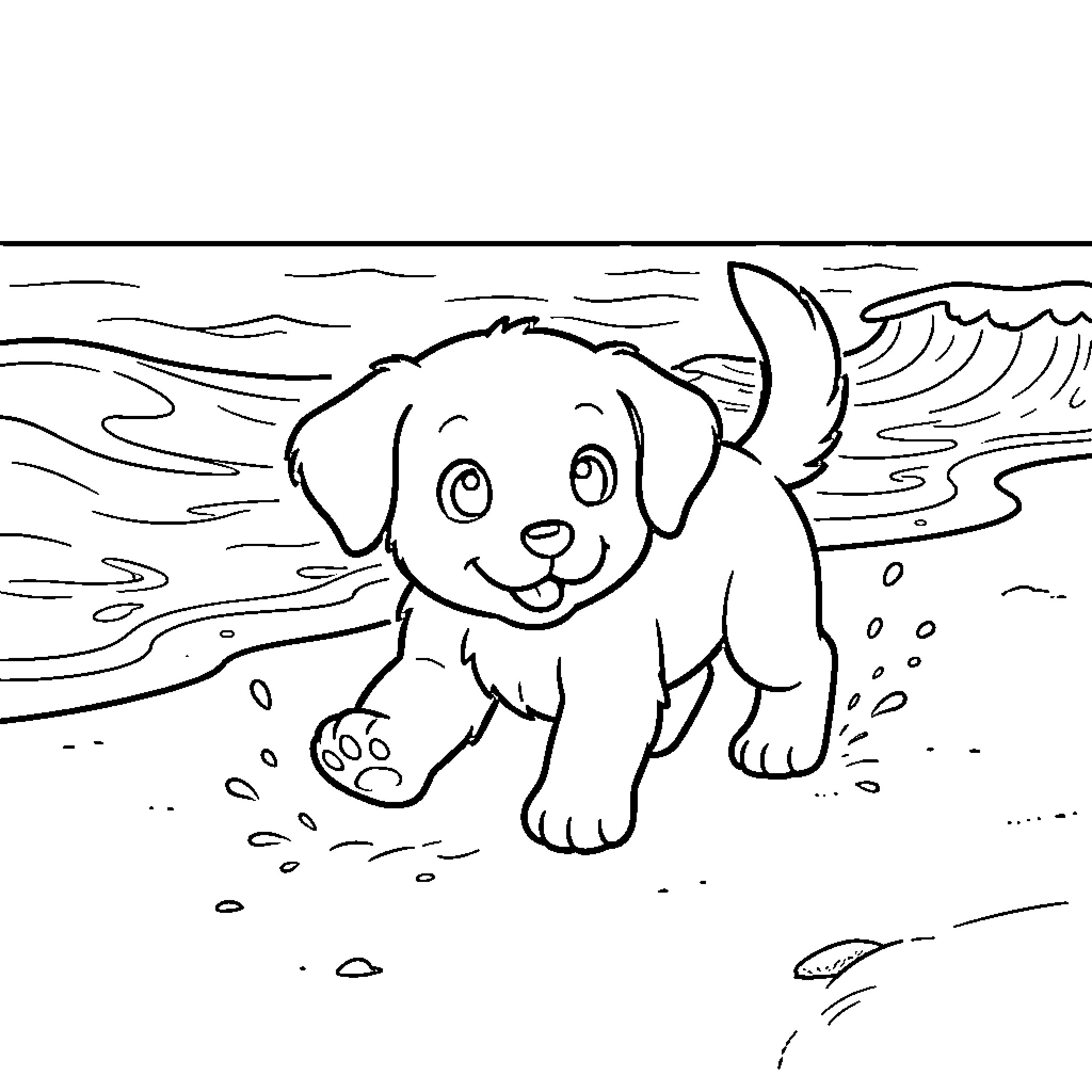 Puppy frolicking at the beach Coloring Page (free black-and-white line drawing printable PDF for all, from beginners to advanced learners, including children, teens, adults, and seniors)