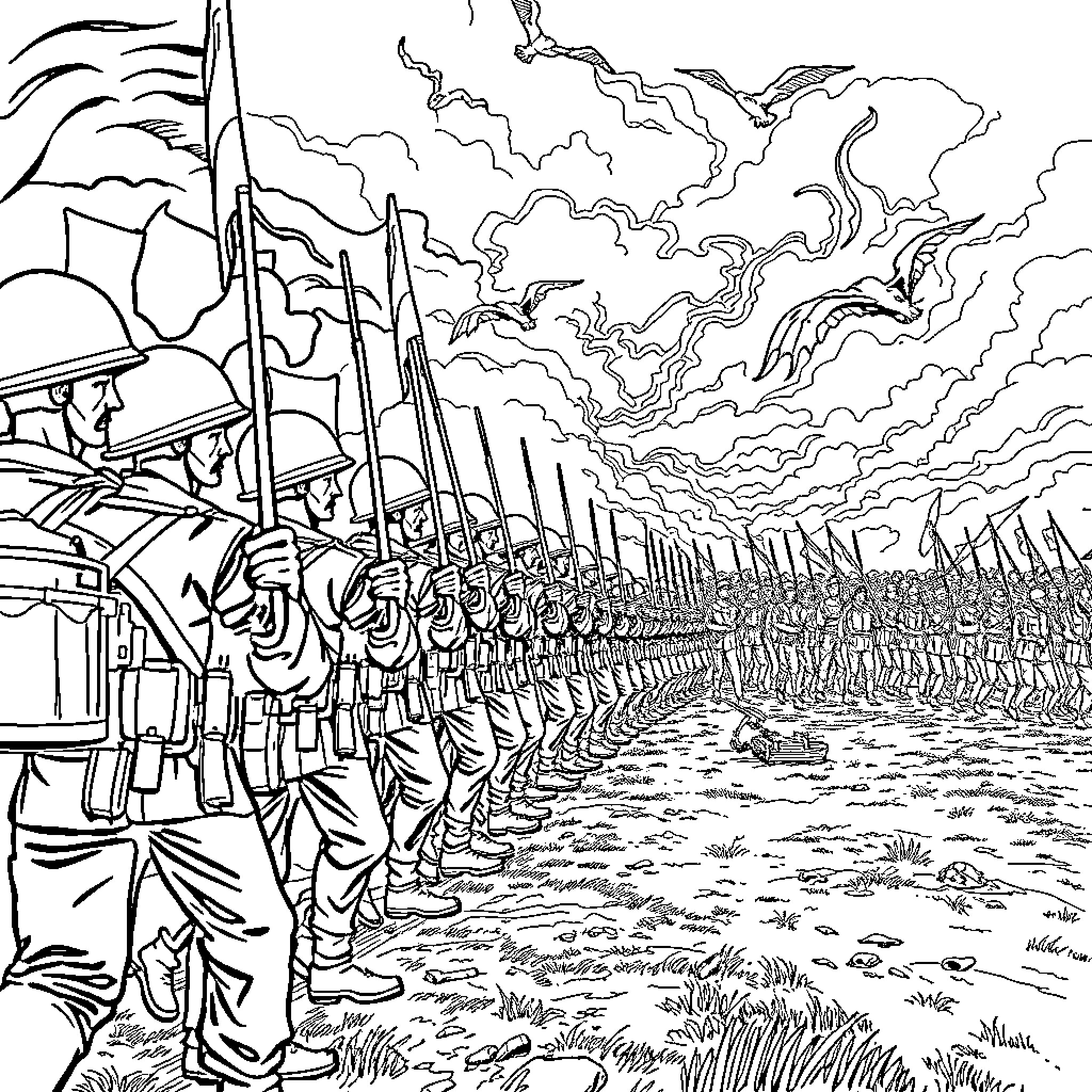 War Soldiers on the Battlefield Coloring Page (free black-and-white line drawing printable PDF for all, from beginners to advanced learners, including children, teens, adults, and seniors)