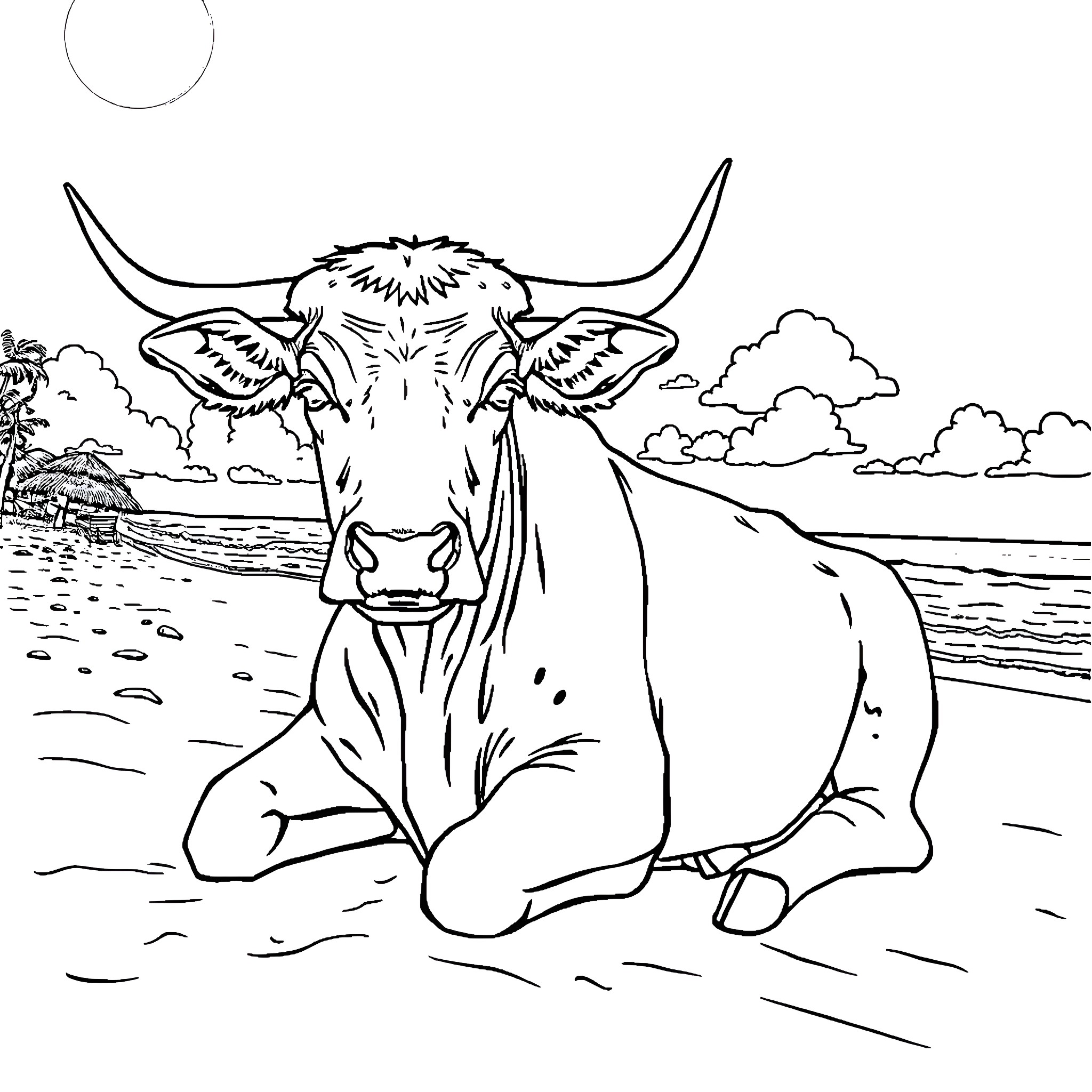 Cow relaxing on the beach Coloring Page (free black-and-white line drawing printable PDF for all, from beginners to advanced learners, including children, teens, adults, and seniors)