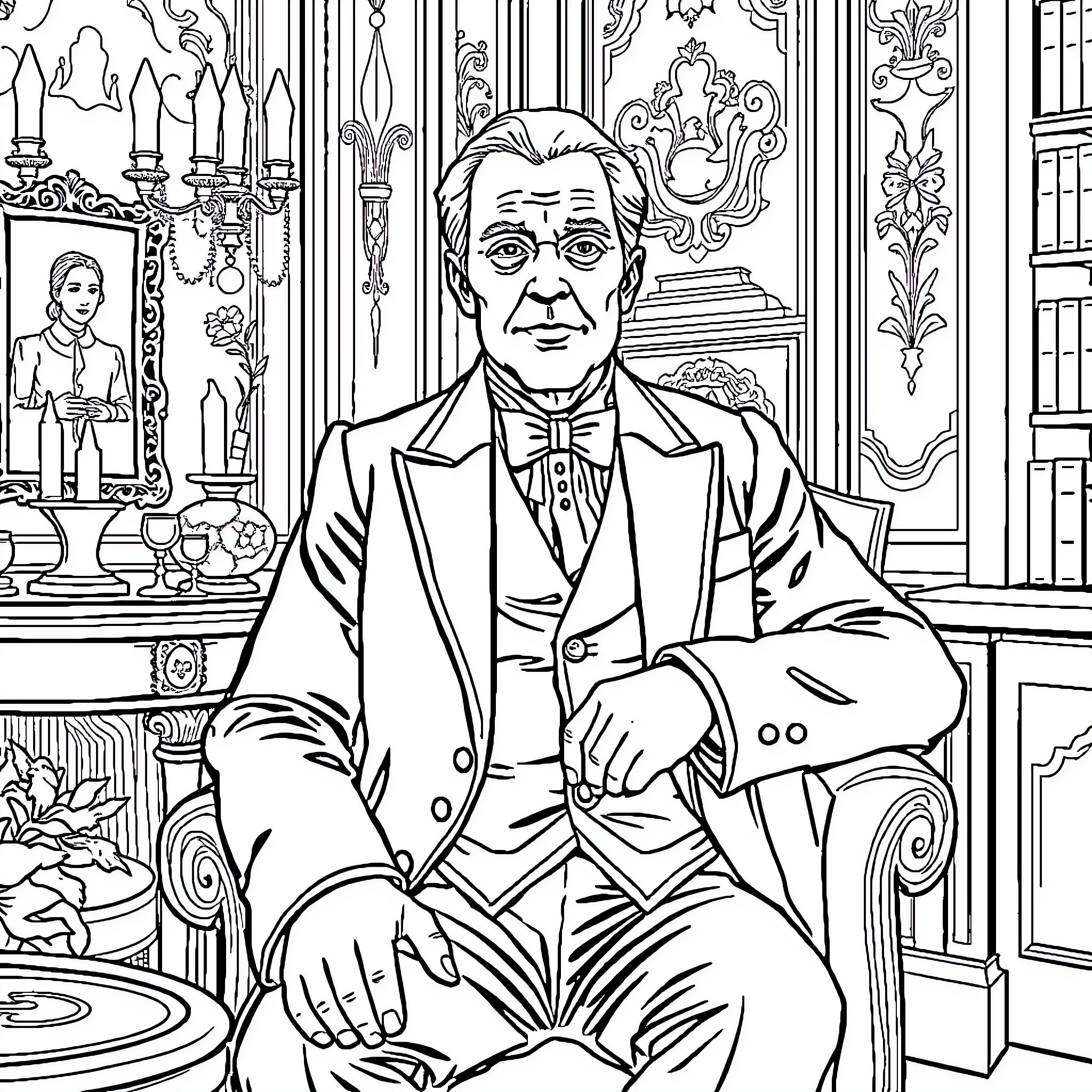 Millionaire in Elegant Victorian Mansion Interior Coloring Page (free black-and-white line drawing printable PDF for all, from beginners to advanced learners, including children, teens, adults, and seniors)