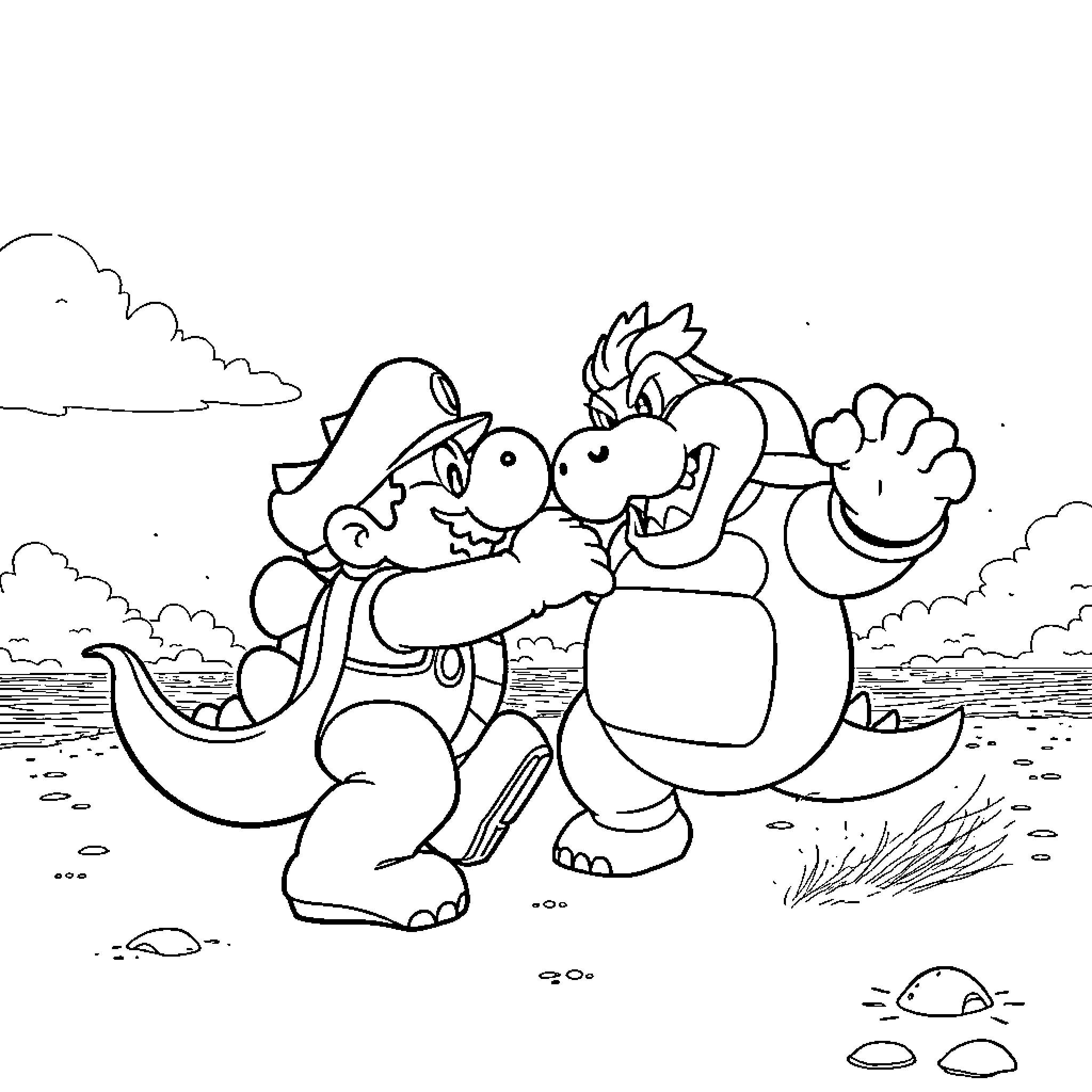 Super Mario and Bowser Dinosaur Adventure Coloring Page (free black-and-white line drawing printable PDF for all, from beginners to advanced learners, including children, teens, adults, and seniors)