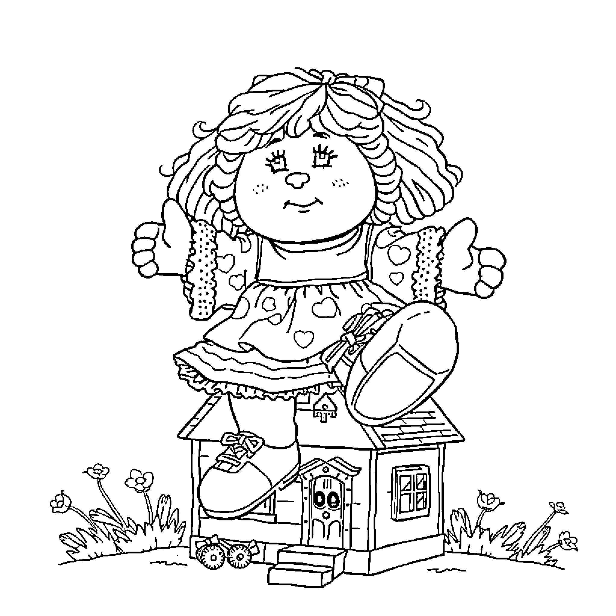 Doll sitting happily on a cottage Coloring Page (free black-and-white line drawing printable PDF for all, from beginners to advanced learners, including children, teens, adults, and seniors)