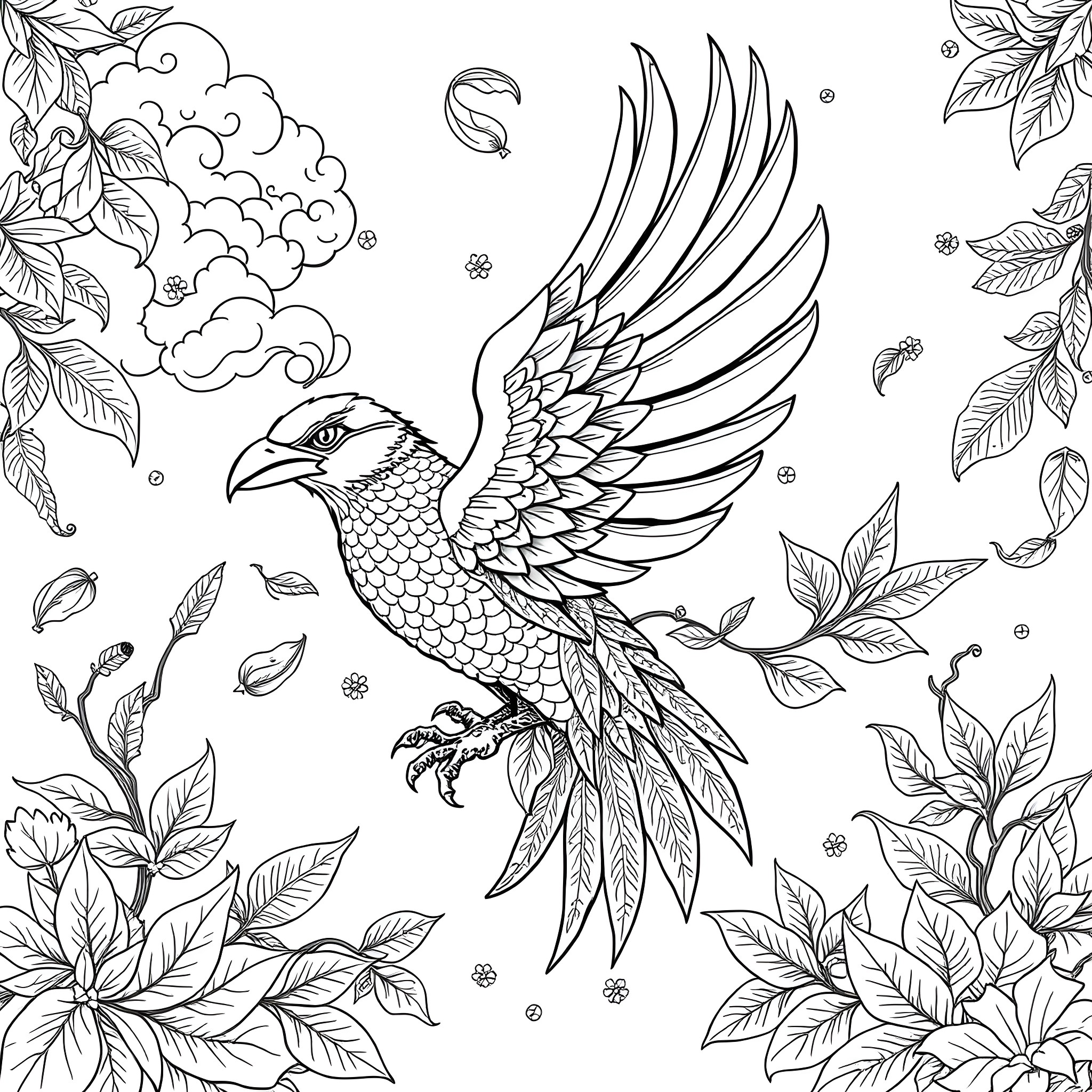 Thunderbird soaring through the cloudy skies surrounded by lush foliage Coloring Page (free black-and-white line drawing printable PDF for all, from beginners to advanced learners, including children, teens, adults, and seniors)