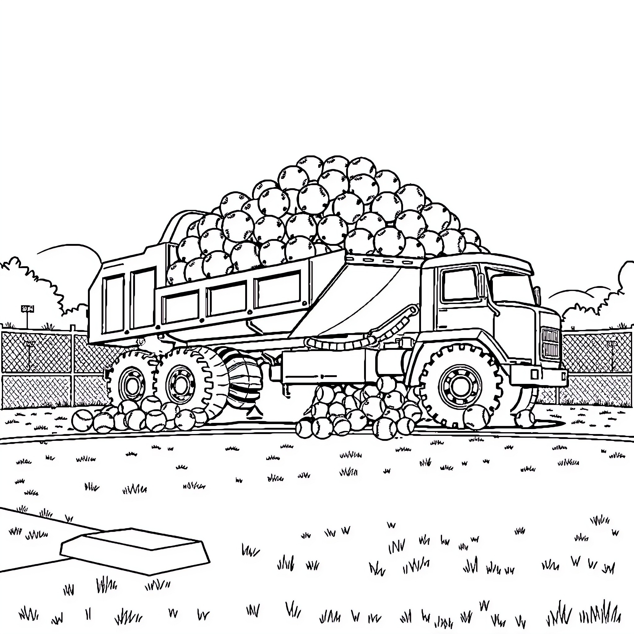 Dump Truck Transporting Piles of Rocks in Outdoor Landscape Coloring Page (free black-and-white line drawing printable PDF for all, from beginners to advanced learners, including children, teens, adults, and seniors)
