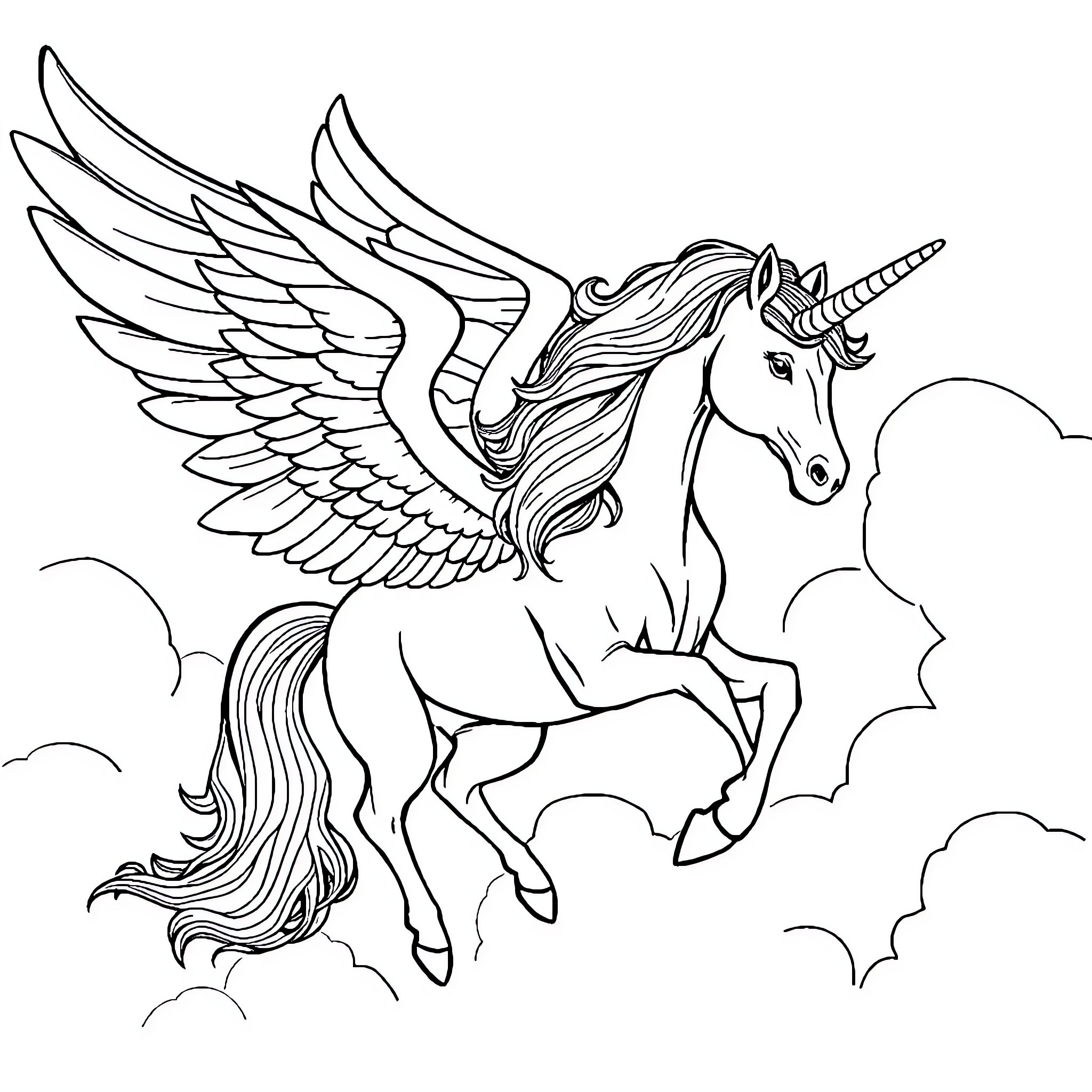 Pegasus the winged unicorn soaring in the sky Coloring Page (free black-and-white line drawing printable PDF for all, from beginners to advanced learners, including children, teens, adults, and seniors)