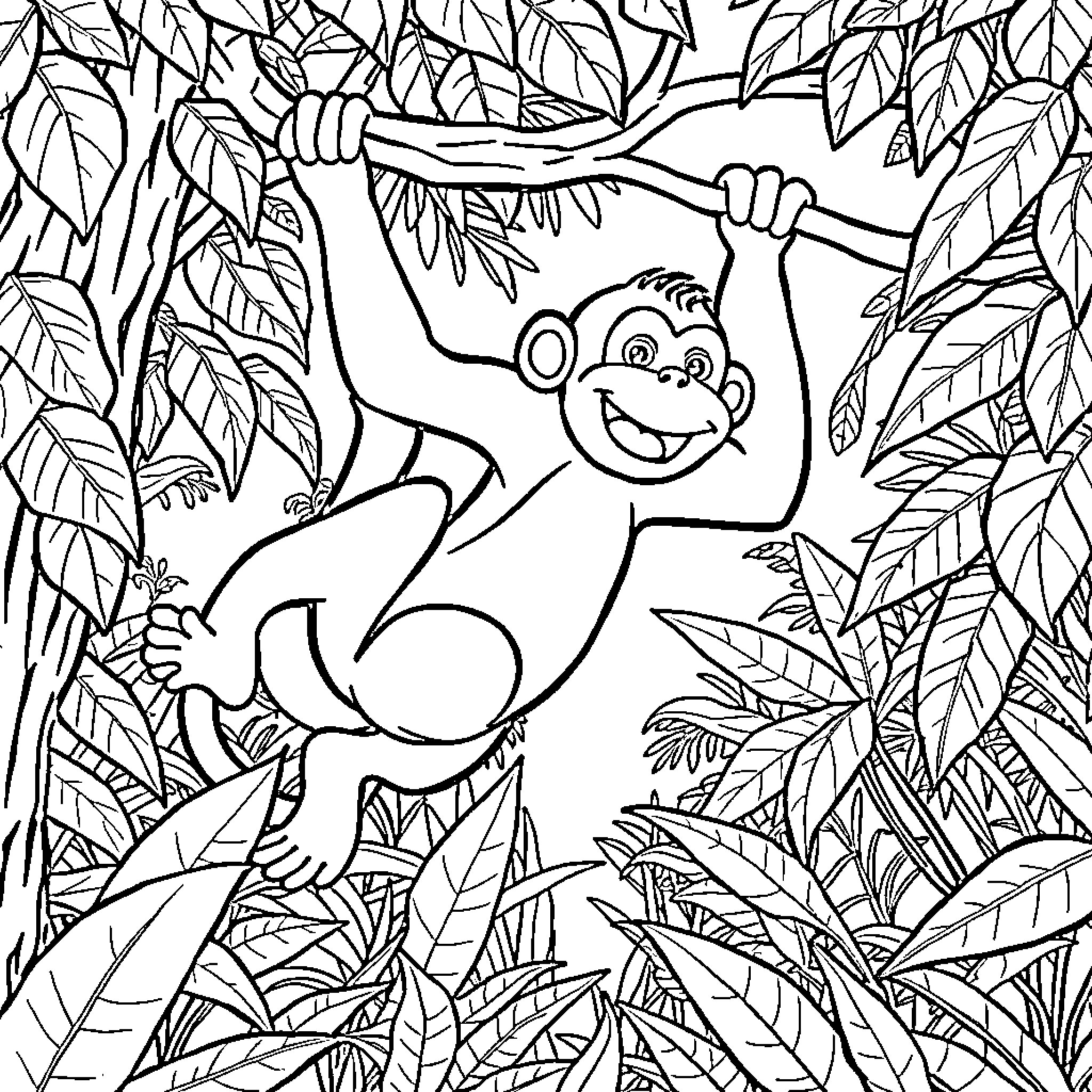 Monkey swinging happily in the jungle Coloring Page (free black-and-white line drawing printable PDF for all, from beginners to advanced learners, including children, teens, adults, and seniors)