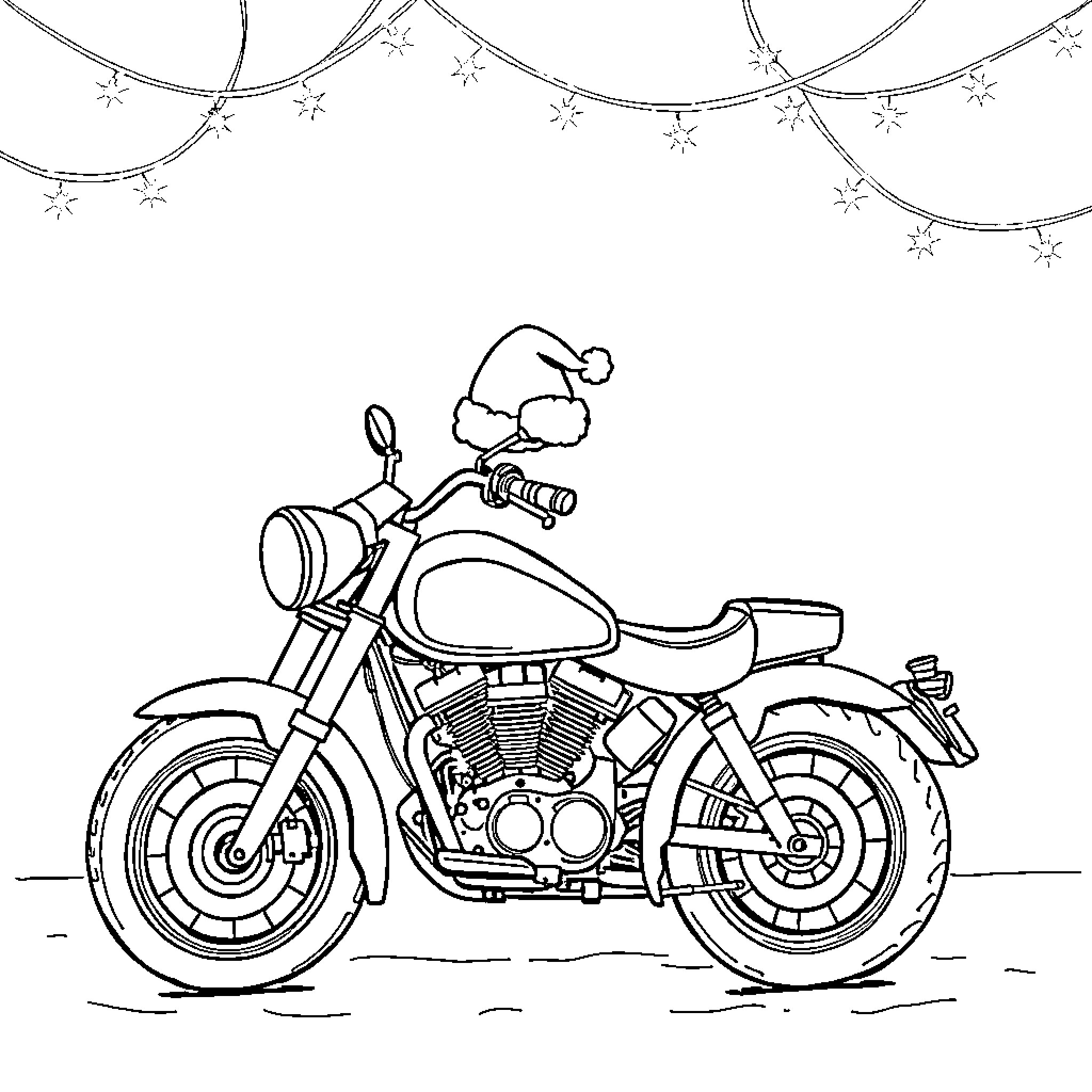 Motorcycle with Santa Claus hat in winter scene Coloring Page (free black-and-white line drawing printable PDF for all, from beginners to advanced learners, including children, teens, adults, and seniors)
