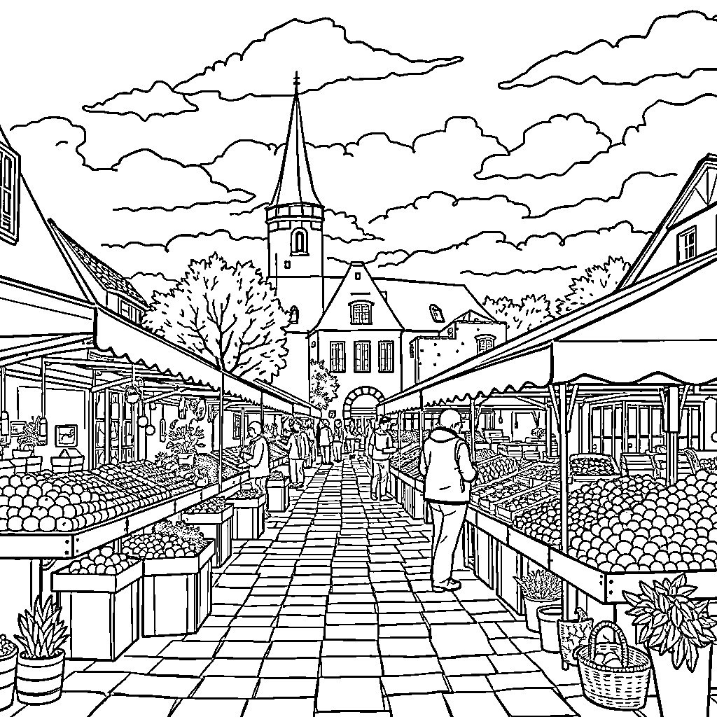 Market bustling with vendors and shoppers in a quaint town Coloring Page (free black-and-white line drawing printable PDF for all, from beginners to advanced learners, including children, teens, adults, and seniors)