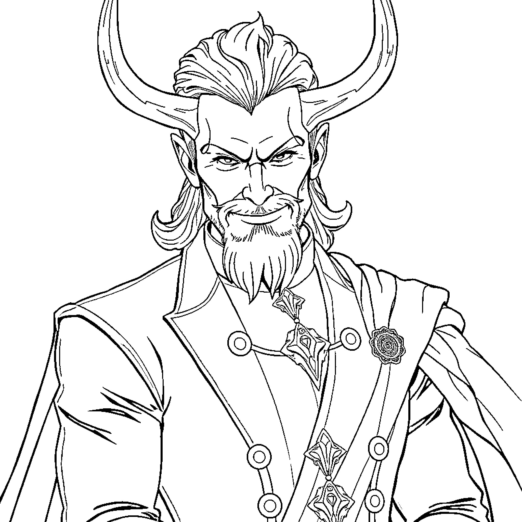 Loki's Mischievous Gaze: A Devilish Demeanor Coloring Page (free black-and-white line drawing printable PDF for all, from beginners to advanced learners, including children, teens, adults, and seniors)