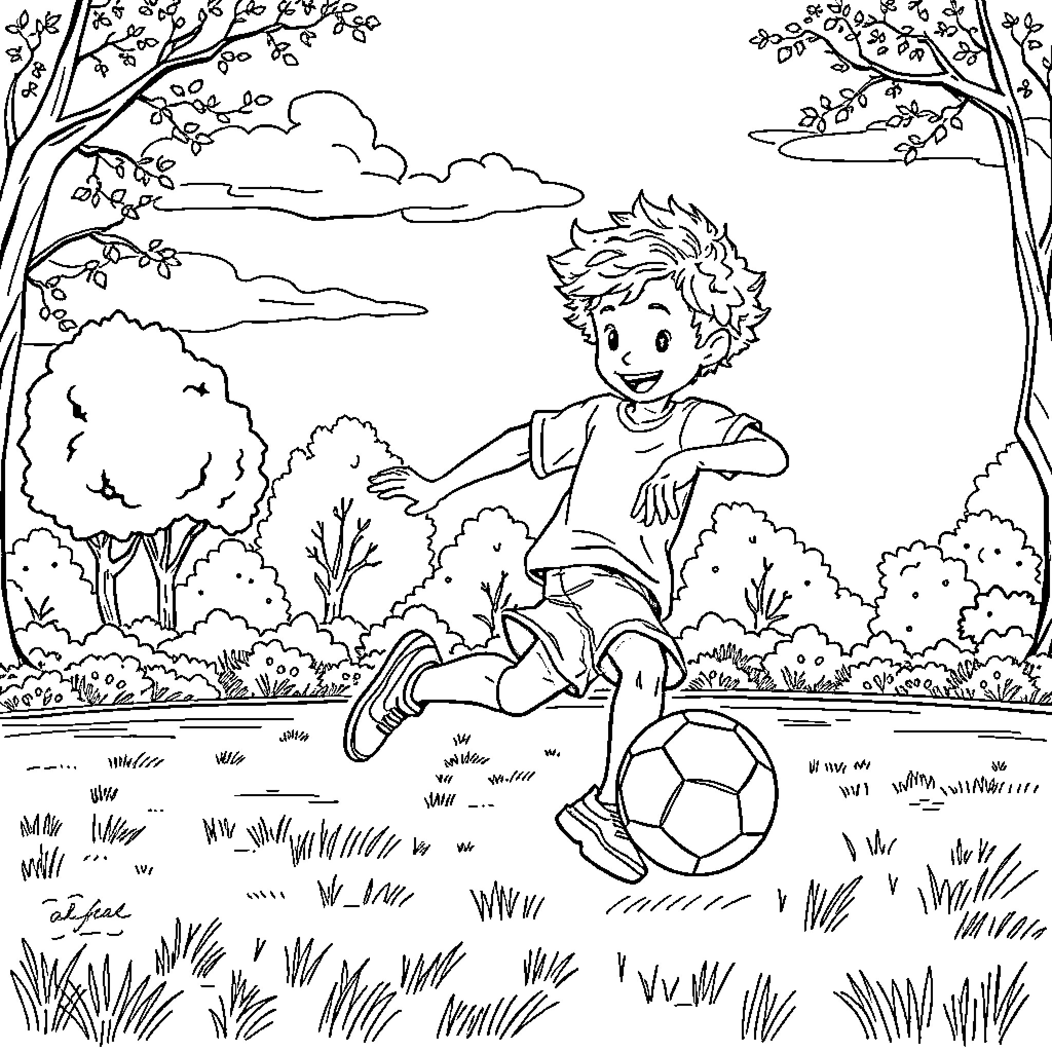 Kid joyfully playing with soccer ball in park Coloring Page (free black-and-white line drawing printable PDF for all, from beginners to advanced learners, including children, teens, adults, and seniors)
