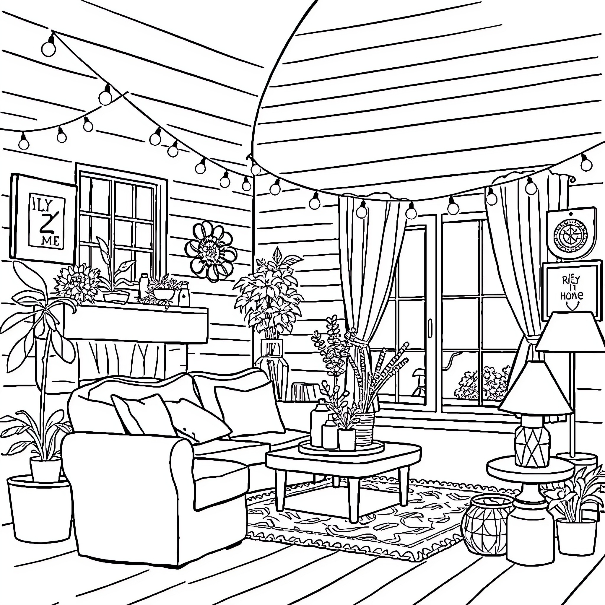 Home of Cozy Interior with Furnishings Coloring Page (free black-and-white line drawing printable PDF for all, from beginners to advanced learners, including children, teens, adults, and seniors)