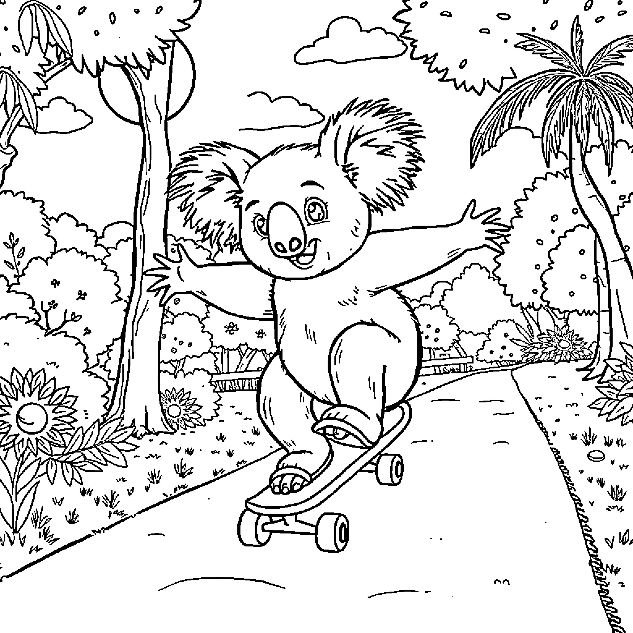 Koala enjoying a fun ride on a skateboard in the jungle Coloring Page (free black-and-white line drawing printable PDF for all, from beginners to advanced learners, including children, teens, adults, and seniors)