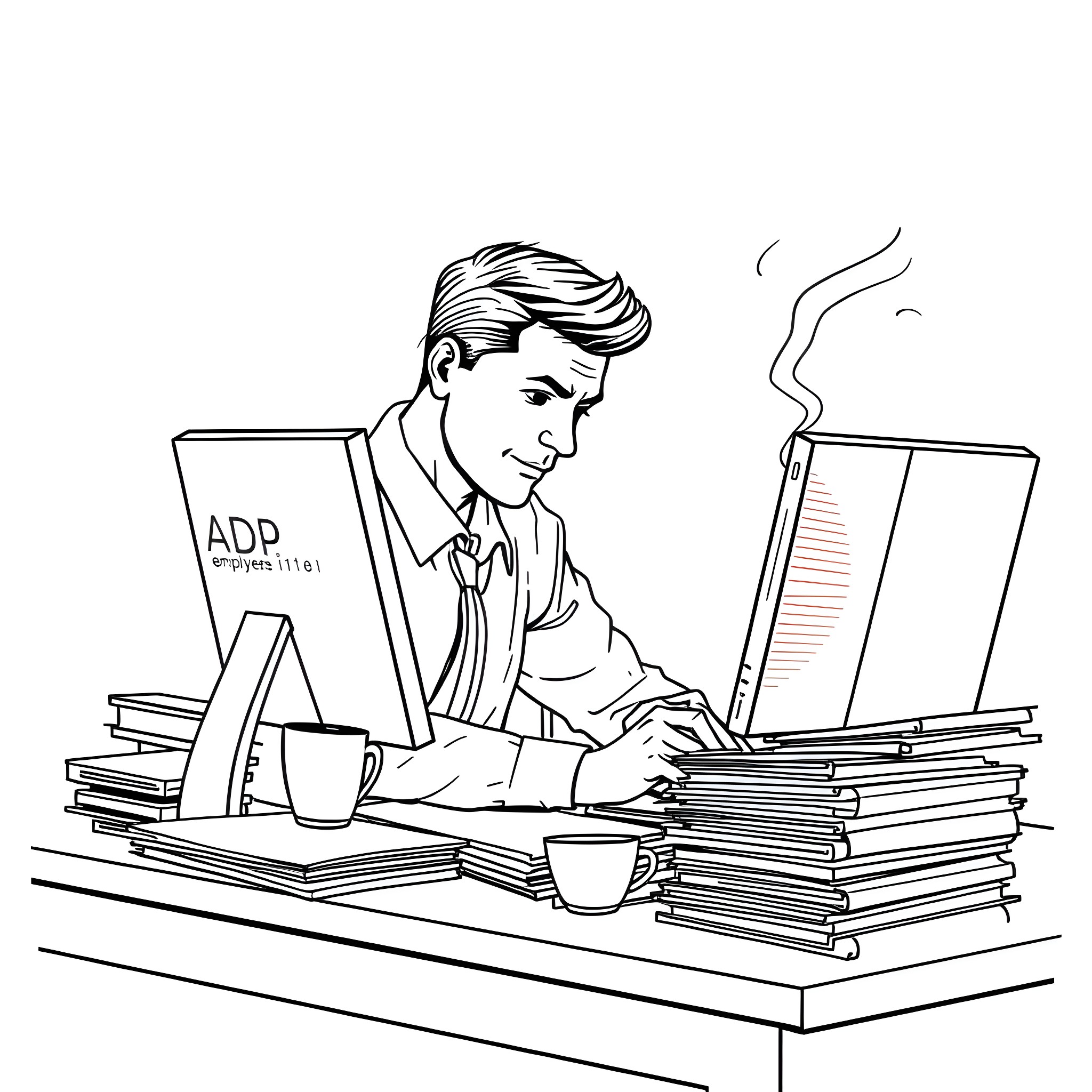 Employee Working Diligently at Desk with Paperwork Coloring Page (free black-and-white line drawing printable PDF for all, from beginners to advanced learners, including children, teens, adults, and seniors)
