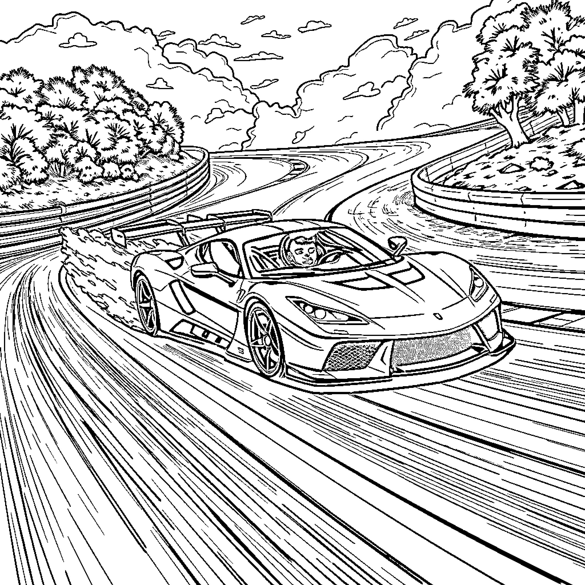 Sports Car Racing Along Winding Road Coloring Page (free black-and-white line drawing printable PDF for all, from beginners to advanced learners, including children, teens, adults, and seniors)