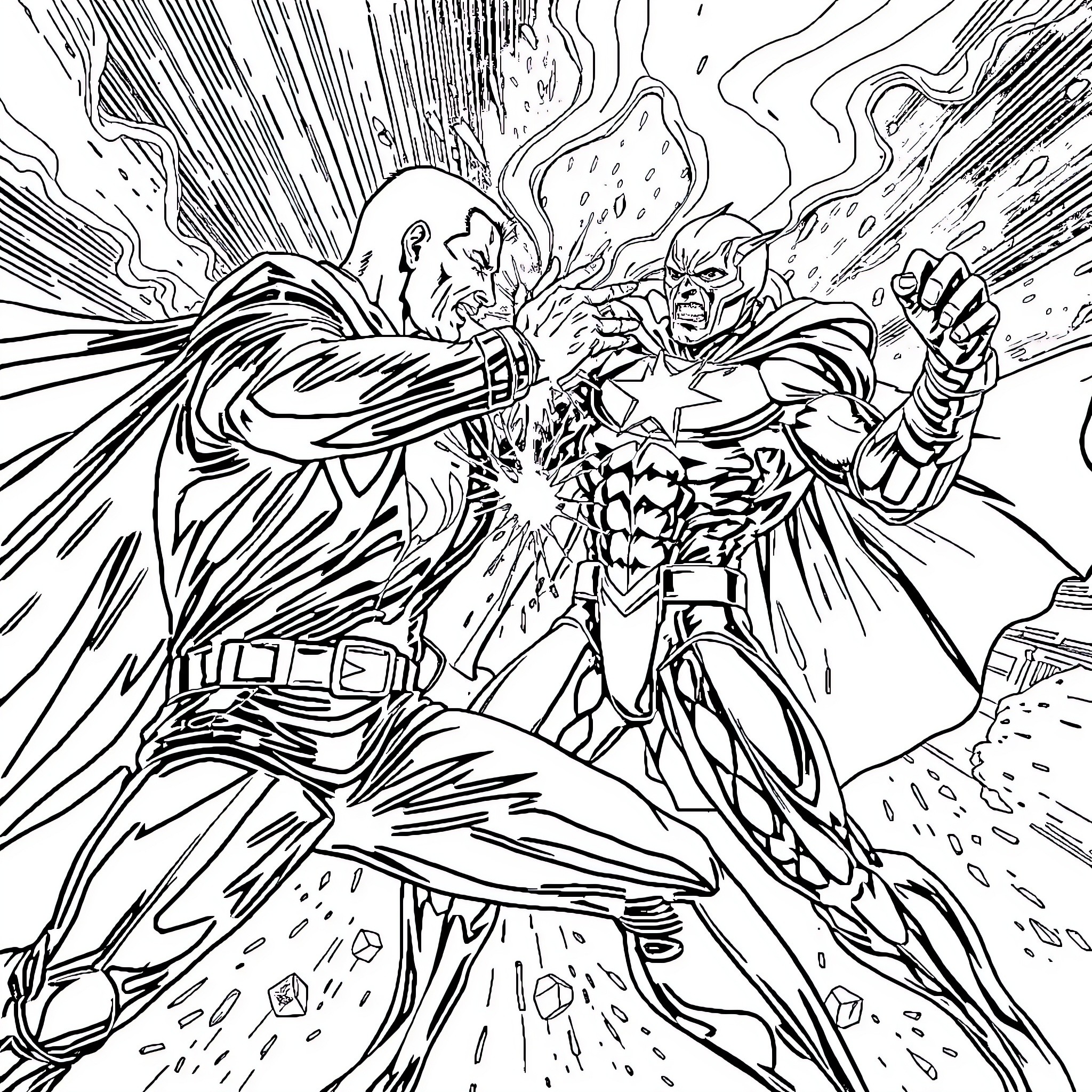 Jeff Bezos as a powerful superhero in action Coloring Page (free black-and-white line drawing printable PDF for all, from beginners to advanced learners, including children, teens, adults, and seniors)