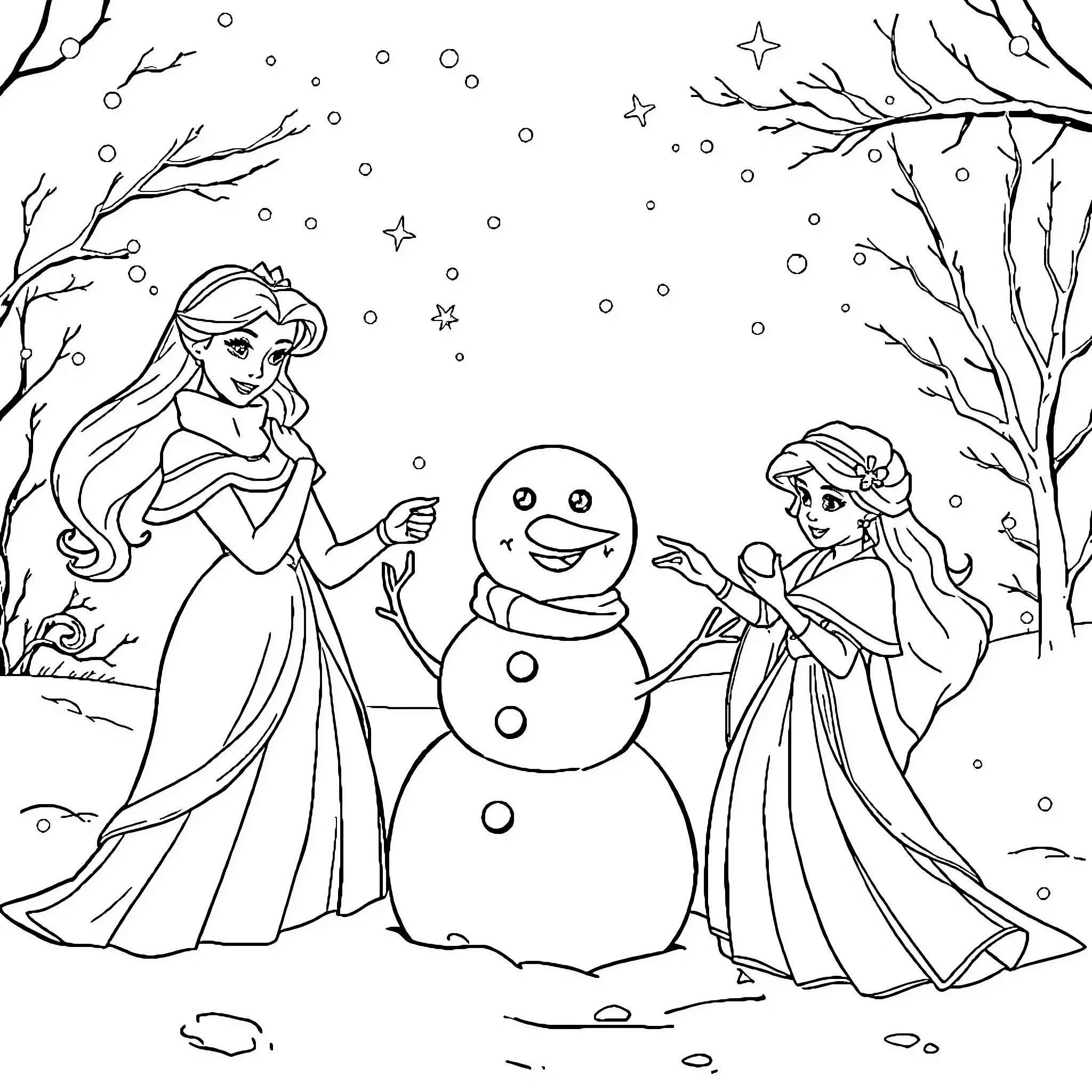 Disney Princesses Building a Snowman in Snowy Wonderland Coloring Page (free black-and-white line drawing printable PDF for all, from beginners to advanced learners, including children, teens, adults, and seniors)