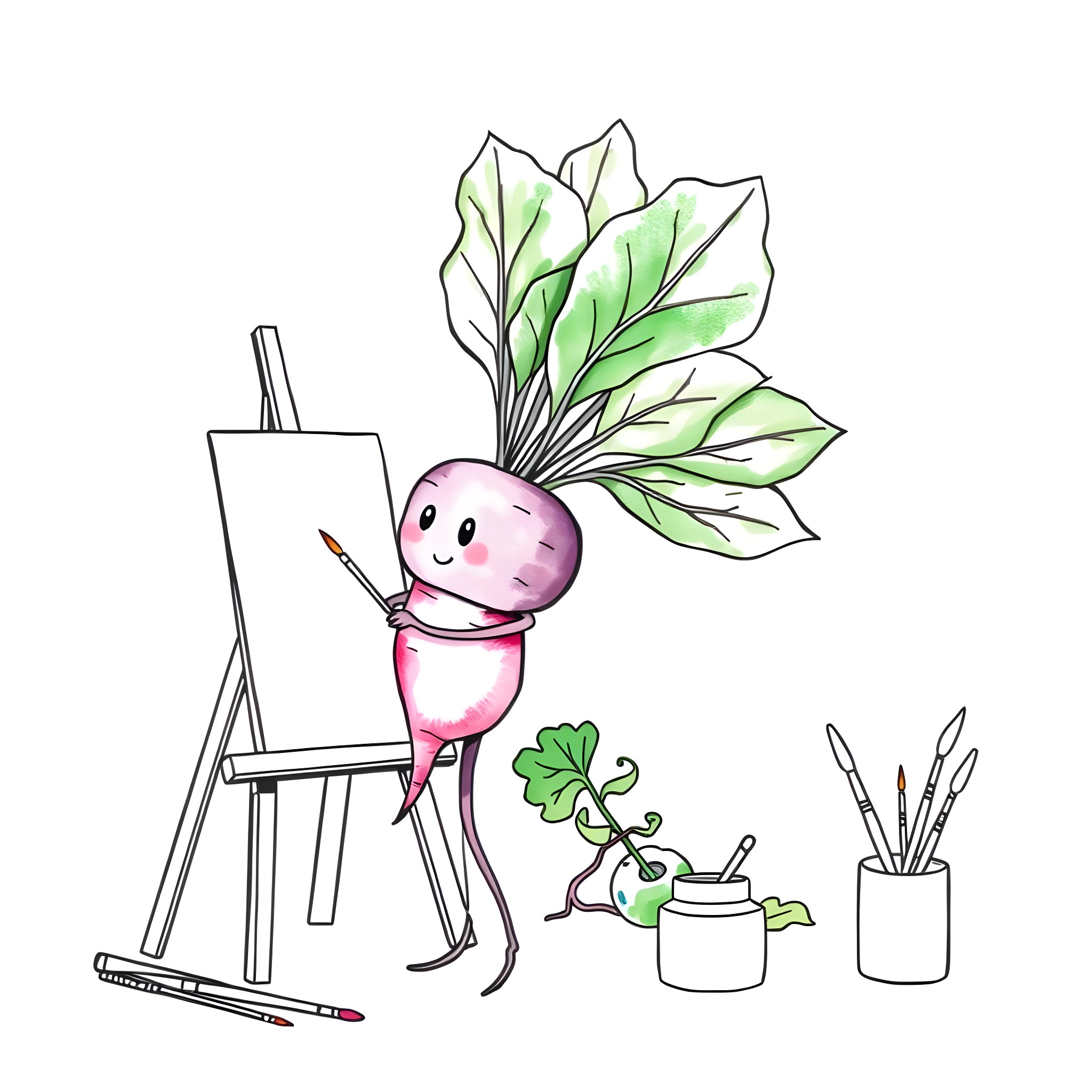 Beetroot artistic creation in the studio Coloring Page (free black-and-white line drawing printable PDF for all, from beginners to advanced learners, including children, teens, adults, and seniors)