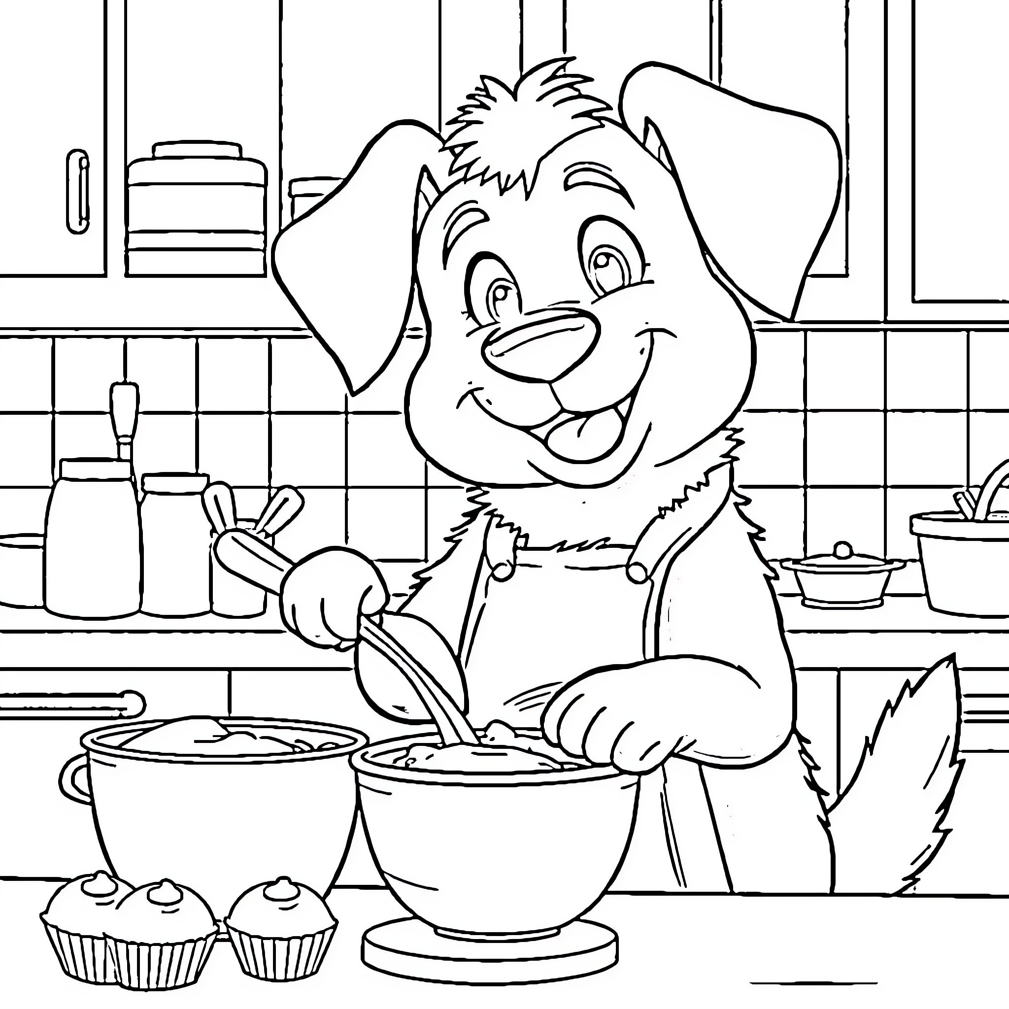 Bluey Baking Treats in the Kitchen Coloring Page (free black-and-white line drawing printable PDF for all, from beginners to advanced learners, including children, teens, adults, and seniors)