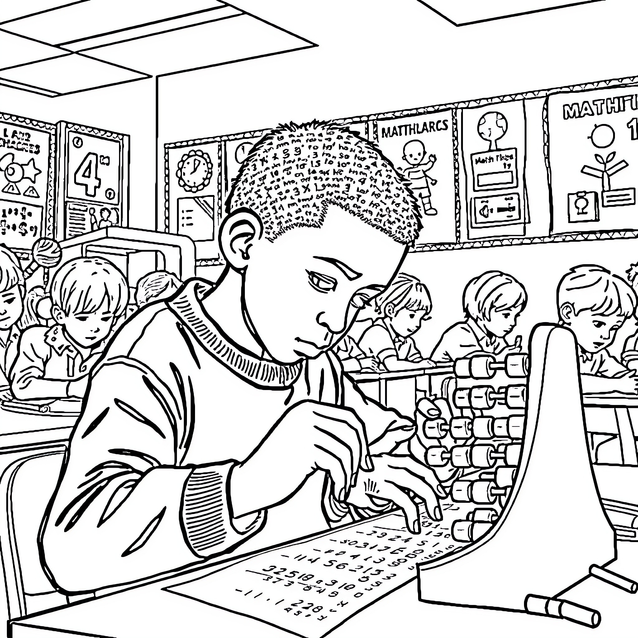 Boy working diligently in a classroom setting Coloring Page (free black-and-white line drawing printable PDF for all, from beginners to advanced learners, including children, teens, adults, and seniors)