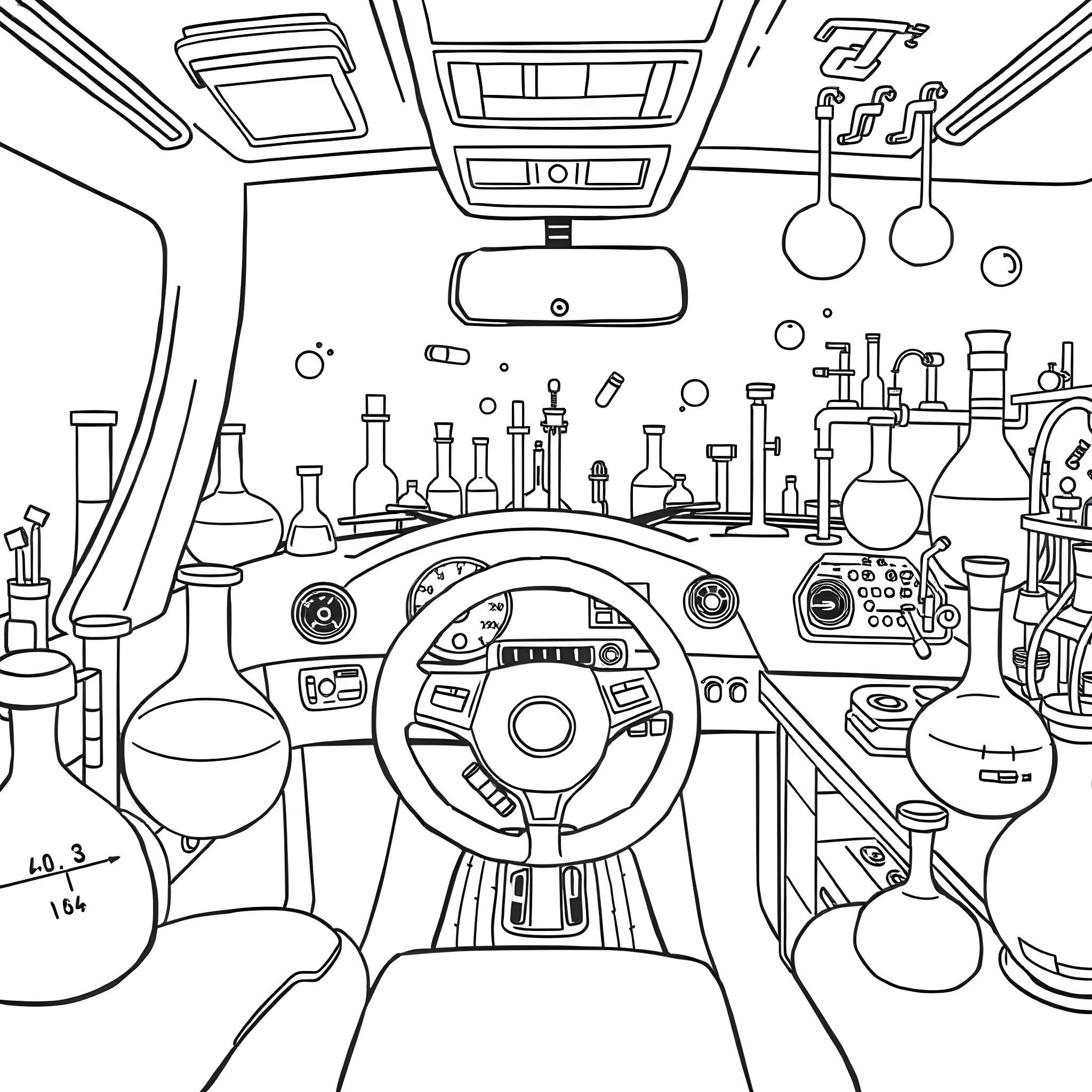 Car Dashboard Filled with Scientific Instruments and Equipment Coloring Page (free black-and-white line drawing printable PDF for all, from beginners to advanced learners, including children, teens, adults, and seniors)