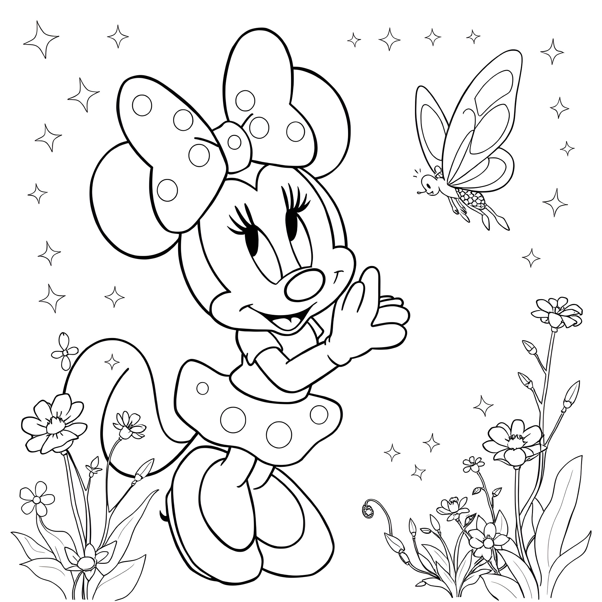 Minnie Mouse enjoying nature with butterflies and flowers Coloring Page (free black-and-white line drawing printable PDF for all, from beginners to advanced learners, including children, teens, adults, and seniors)