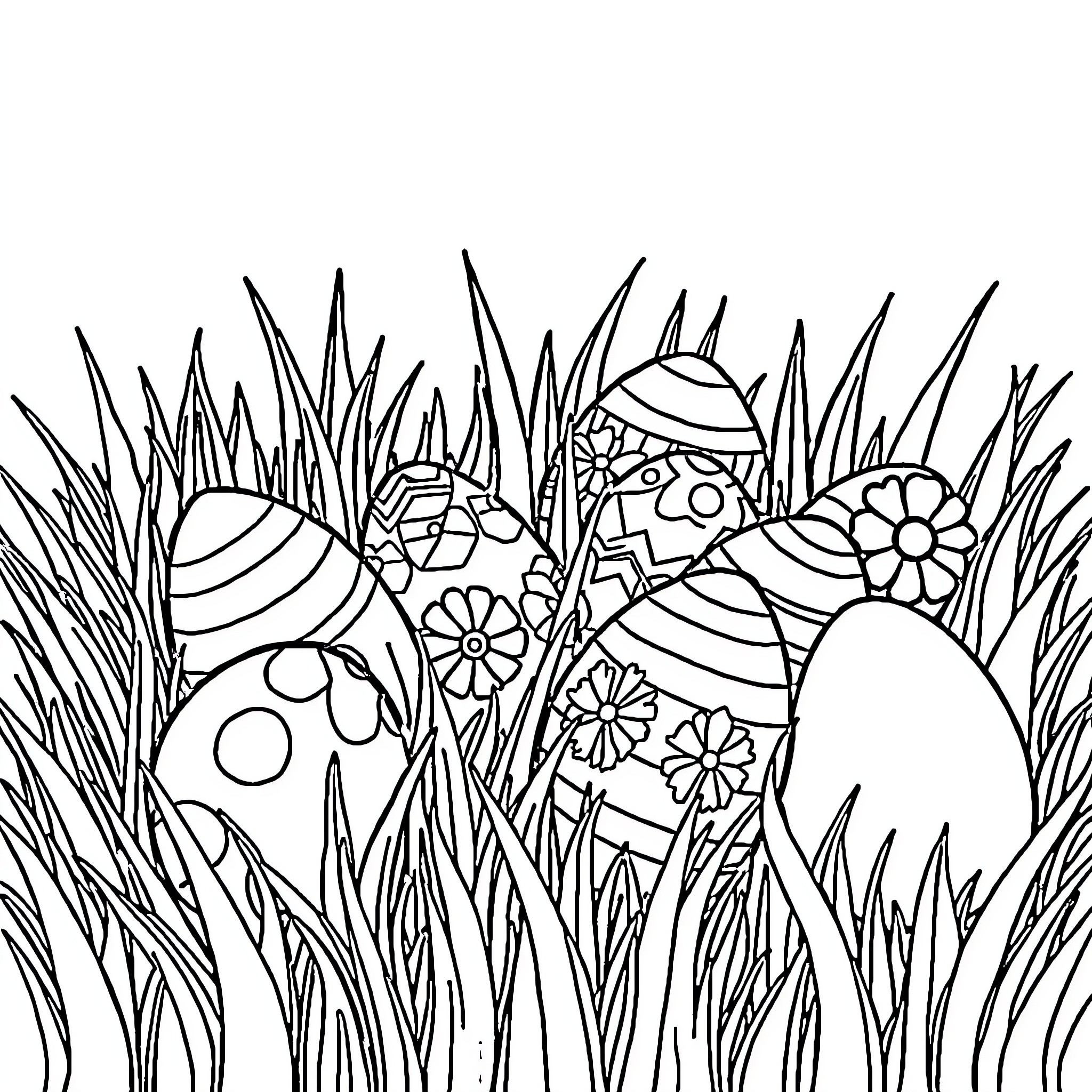 Easter Egg Hunt in the Meadow Coloring Page (free black-and-white line drawing printable PDF for all, from beginners to advanced learners, including children, teens, adults, and seniors)