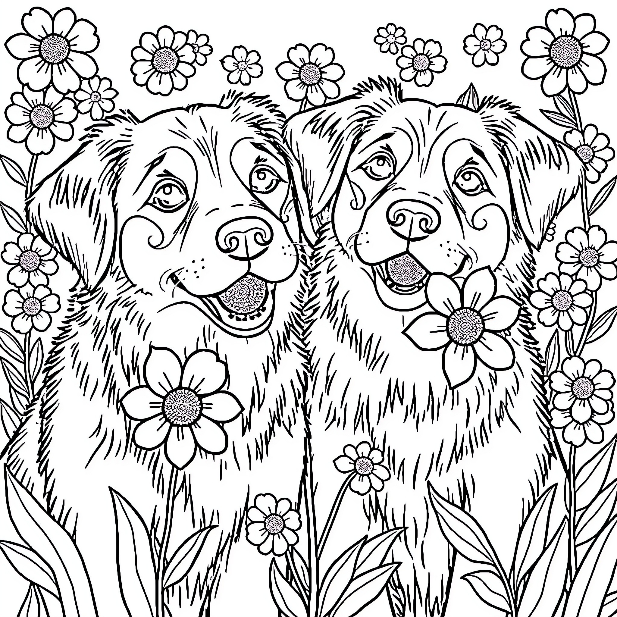 Dog surrounded by cheerful flowers Coloring Page (free black-and-white line drawing printable PDF for all, from beginners to advanced learners, including children, teens, adults, and seniors)