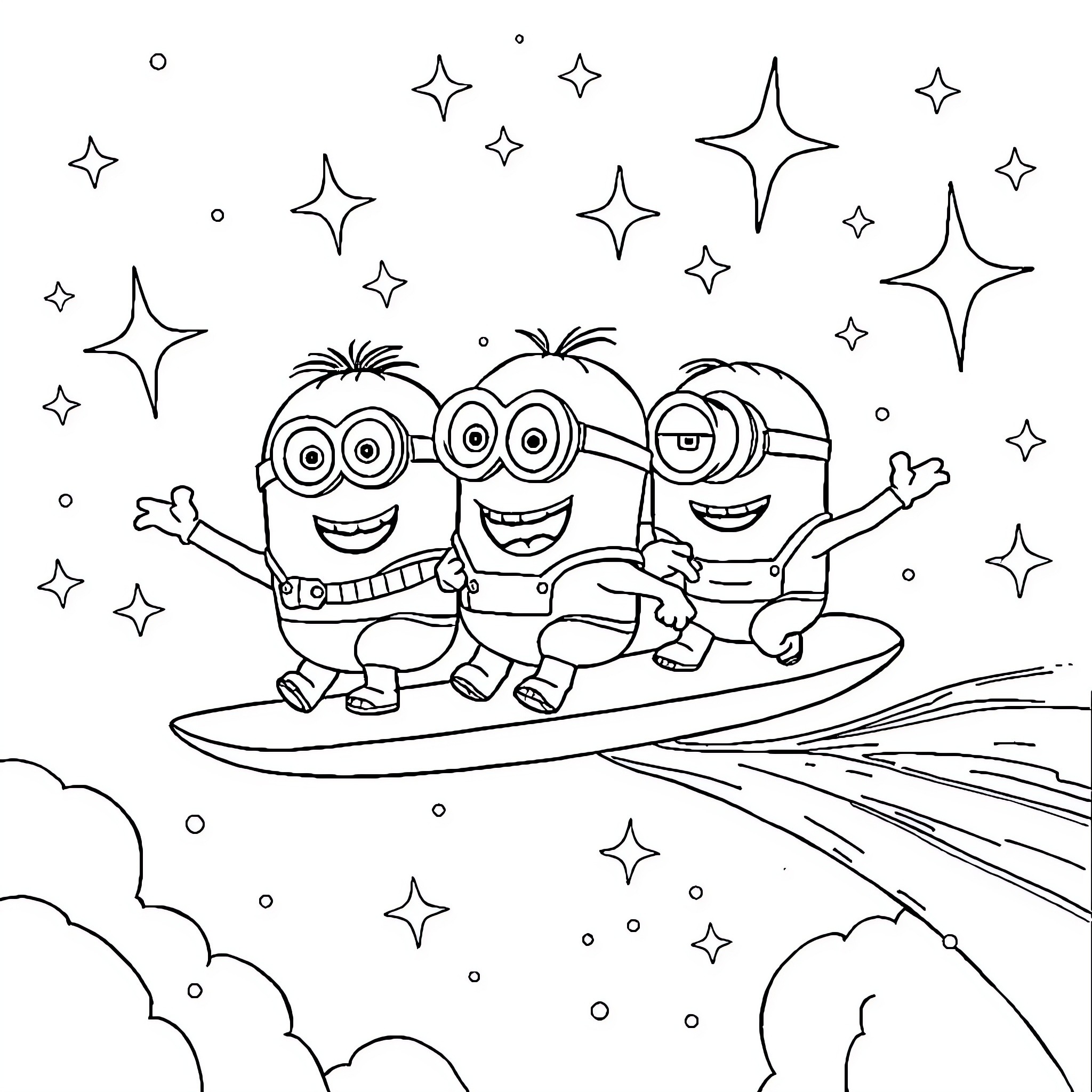 Minions surfing through the stars Coloring Page (free black-and-white line drawing printable PDF for all, from beginners to advanced learners, including children, teens, adults, and seniors)
